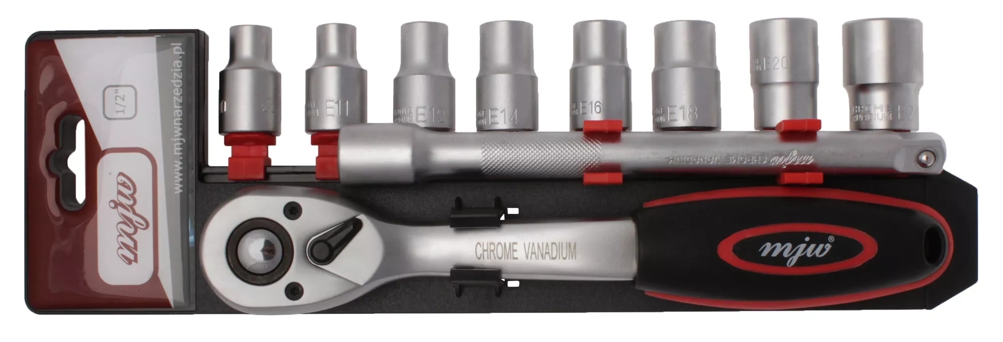 Sada nástrčných klíčů 1/2 E-torx s ráčnou a prodlužovacím nástavcem Mjw