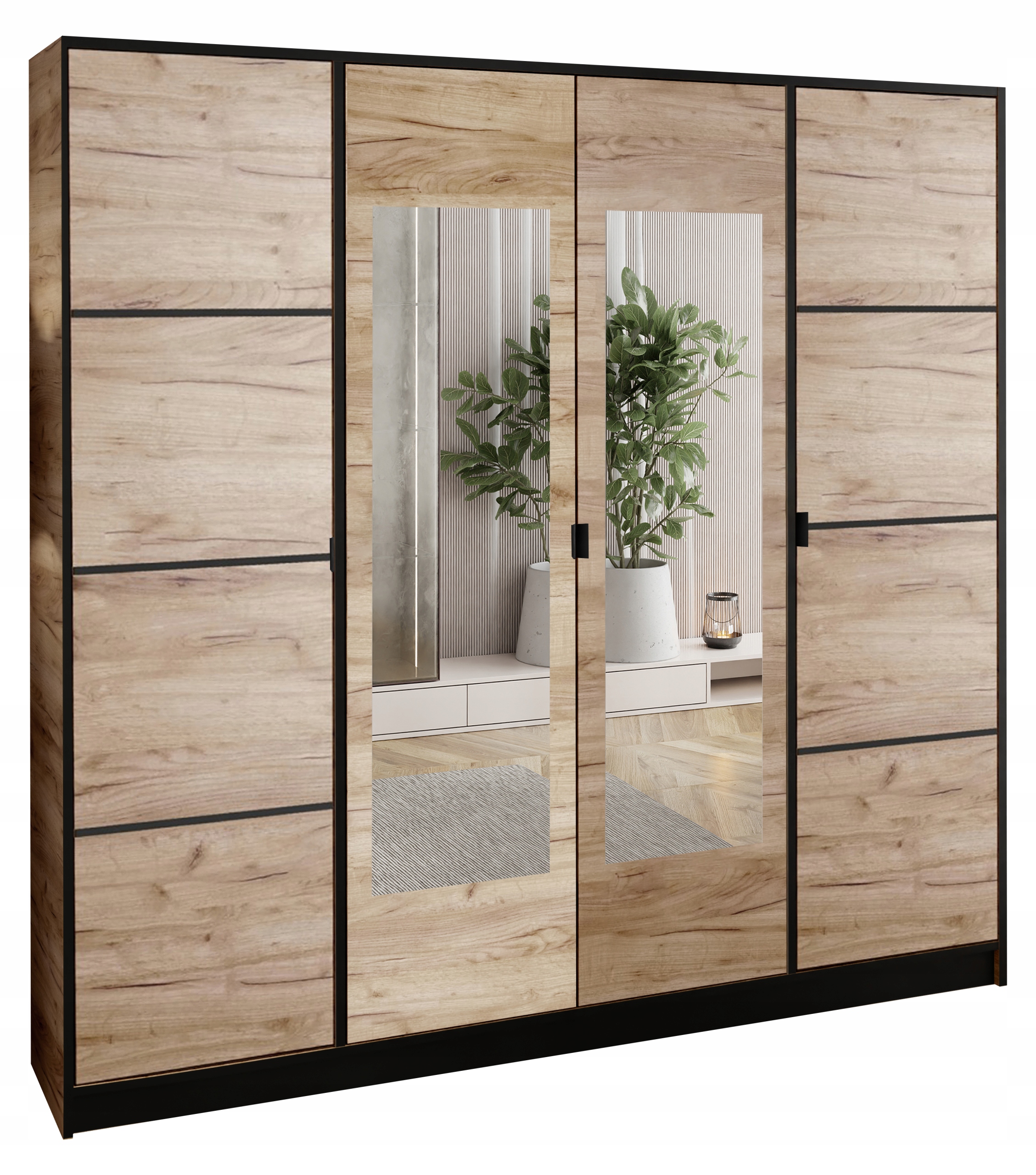 Skříň Lumi 207 4D Dub Craft 2x zrcadla Dior Vzor 2 úchytka černá