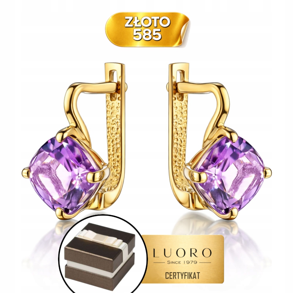 Náušnice Zlaté 585 14K S Ametystem 1,4 CM Krabička Dárek Certifikát