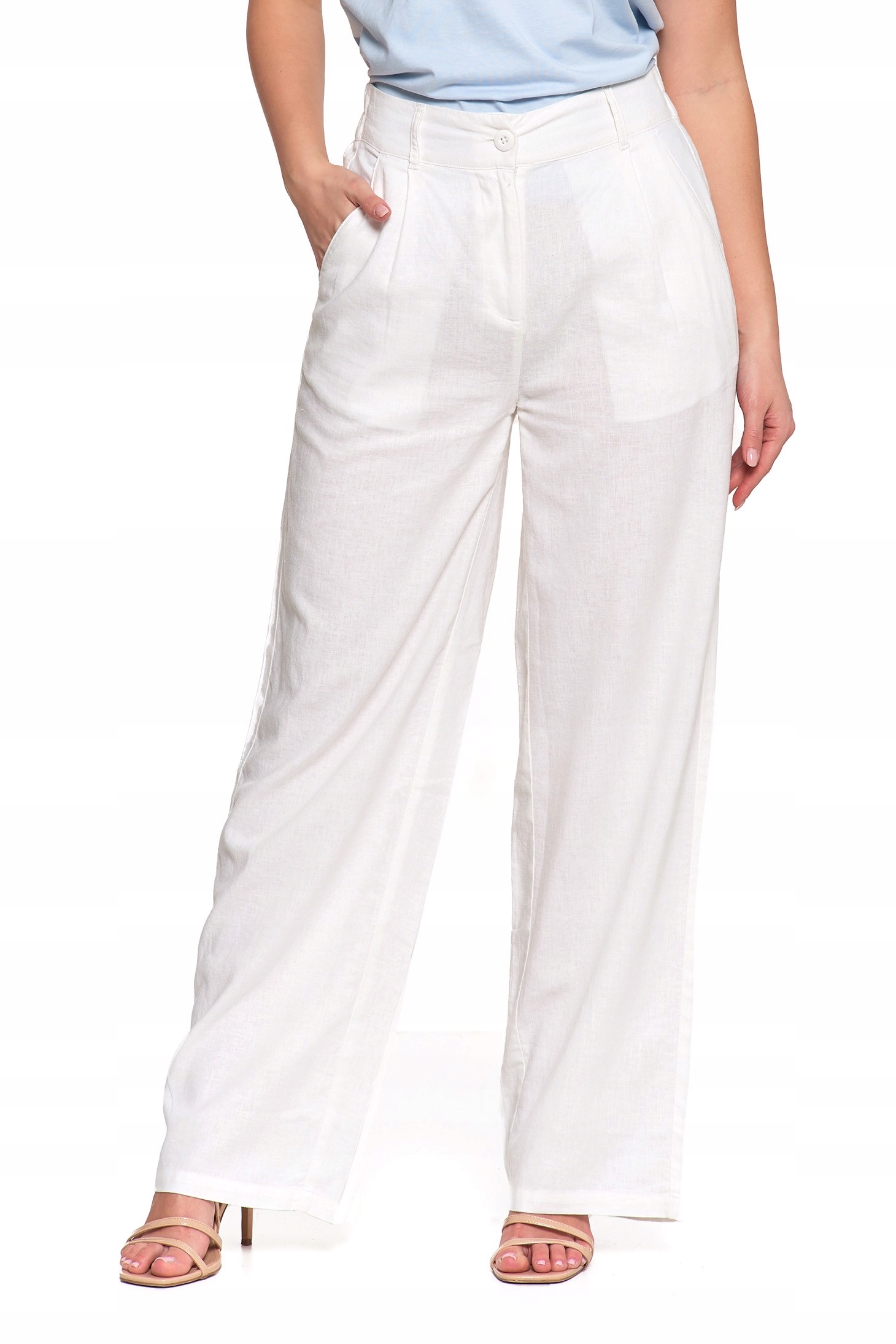 Szerokie Spodnie Damskie Lniane Z Wysokim Stanem Moraj Biały S