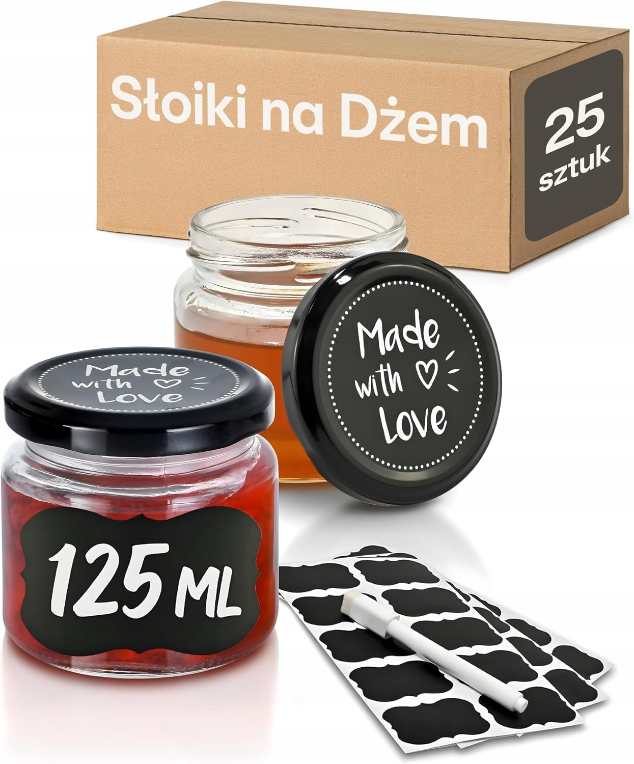 Sklenice Na Džem 125ML 25 Ks Šroubovací Uzávěr Černé Etikety Marker Dárek