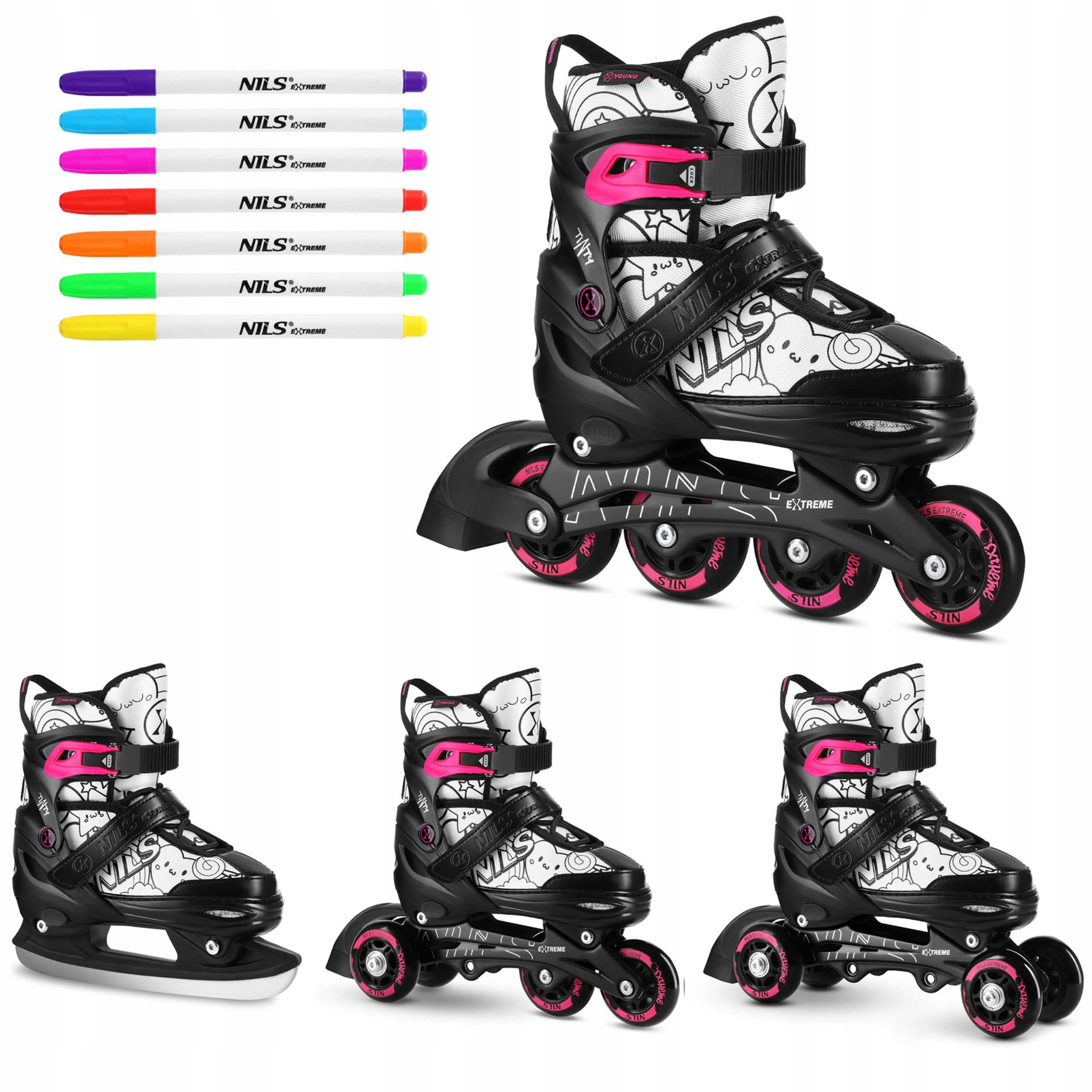 Kolečkové Brusle 4v1 31-34 růžové brusle na led kolečkové brusle vybarvování fixy Nils Extreme