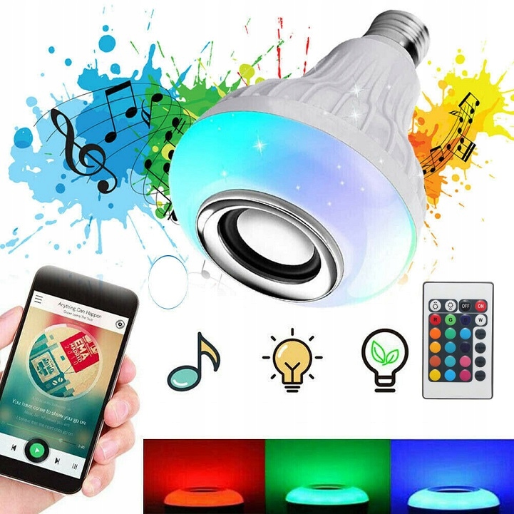 ŻARÓWKA LED RGB BLUETOOTH GŁOŚNIK PILOT KOLOR E27