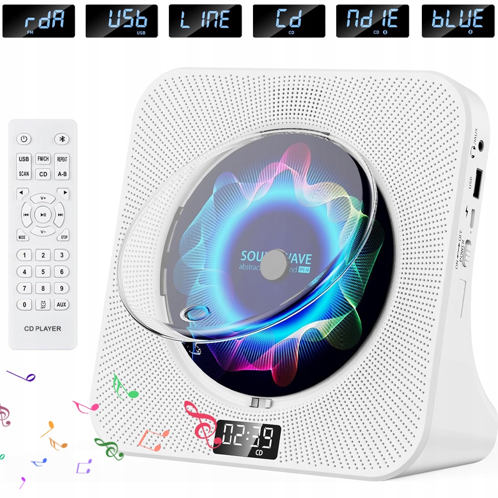 CD Přehrávač Přenosný Radio Fm Přehrávač Bluetooth Hi-fi Reproduktor Bílý