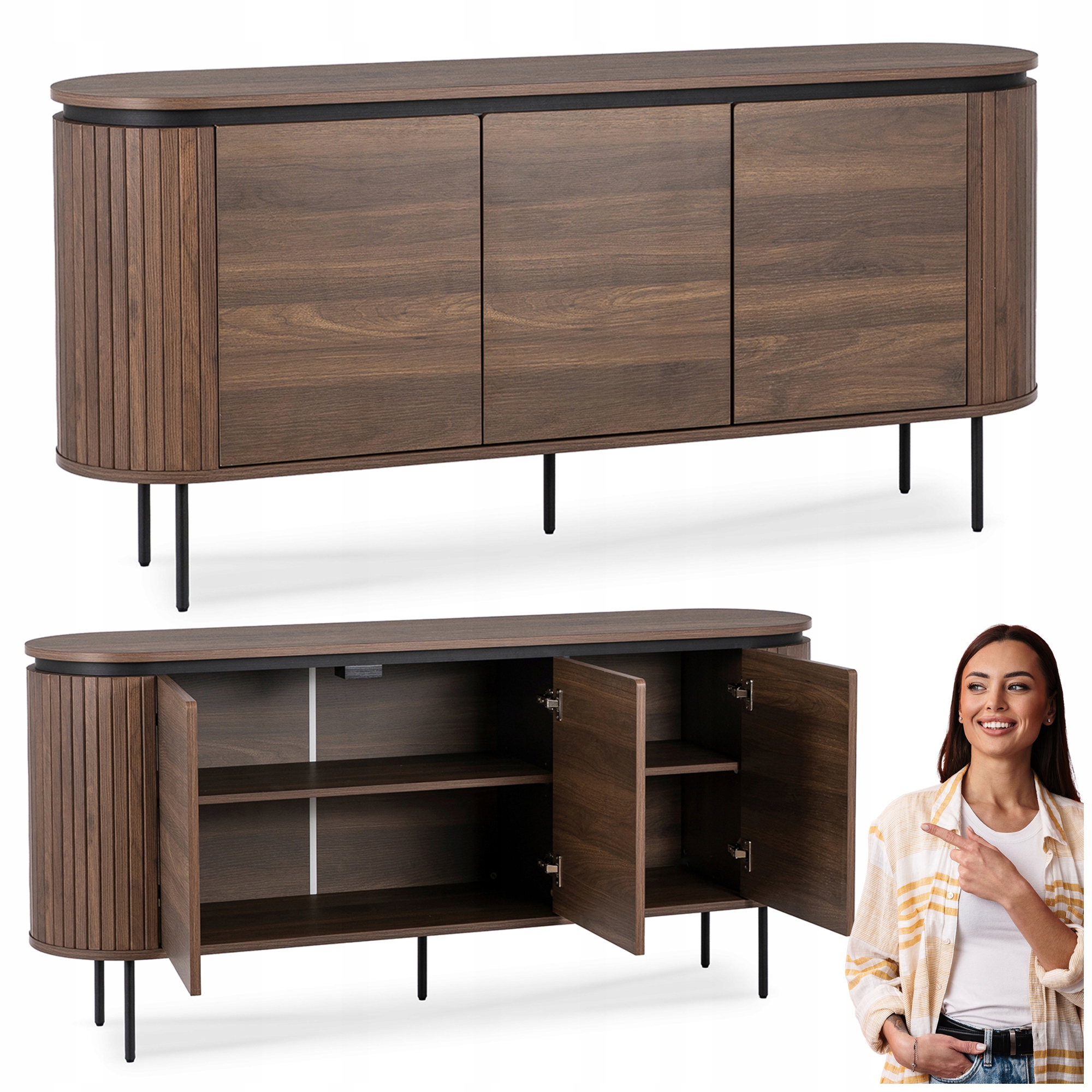 Velká komoda s lamelami Dřevěná loftová komoda do obývacího pokoje Ložnice Ořech Beck 160 cm