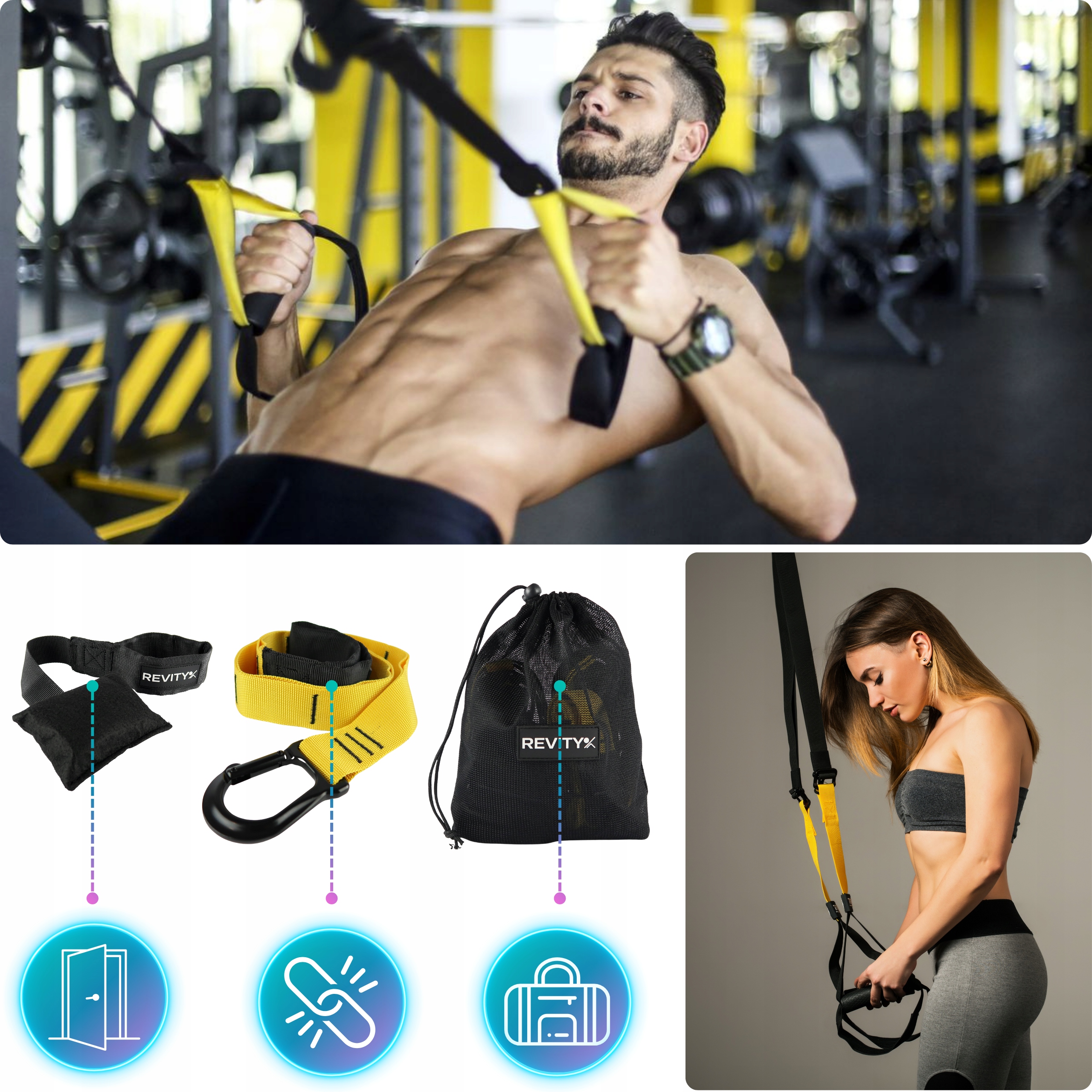 TAŚMY DO ĆWICZEŃ TRX CROSSFIT PASY TRENINGOWE Z AKCESORIAMI WYSOKA JAKOŚĆ Model Gravity Trainer