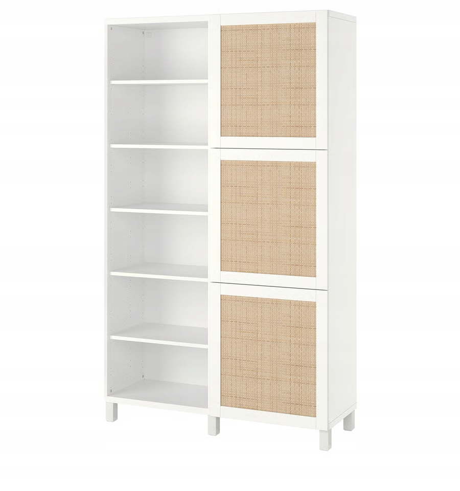 Ikea Besta Regał biały Studsviken/biały wyplatana topola 120x42x202 cm