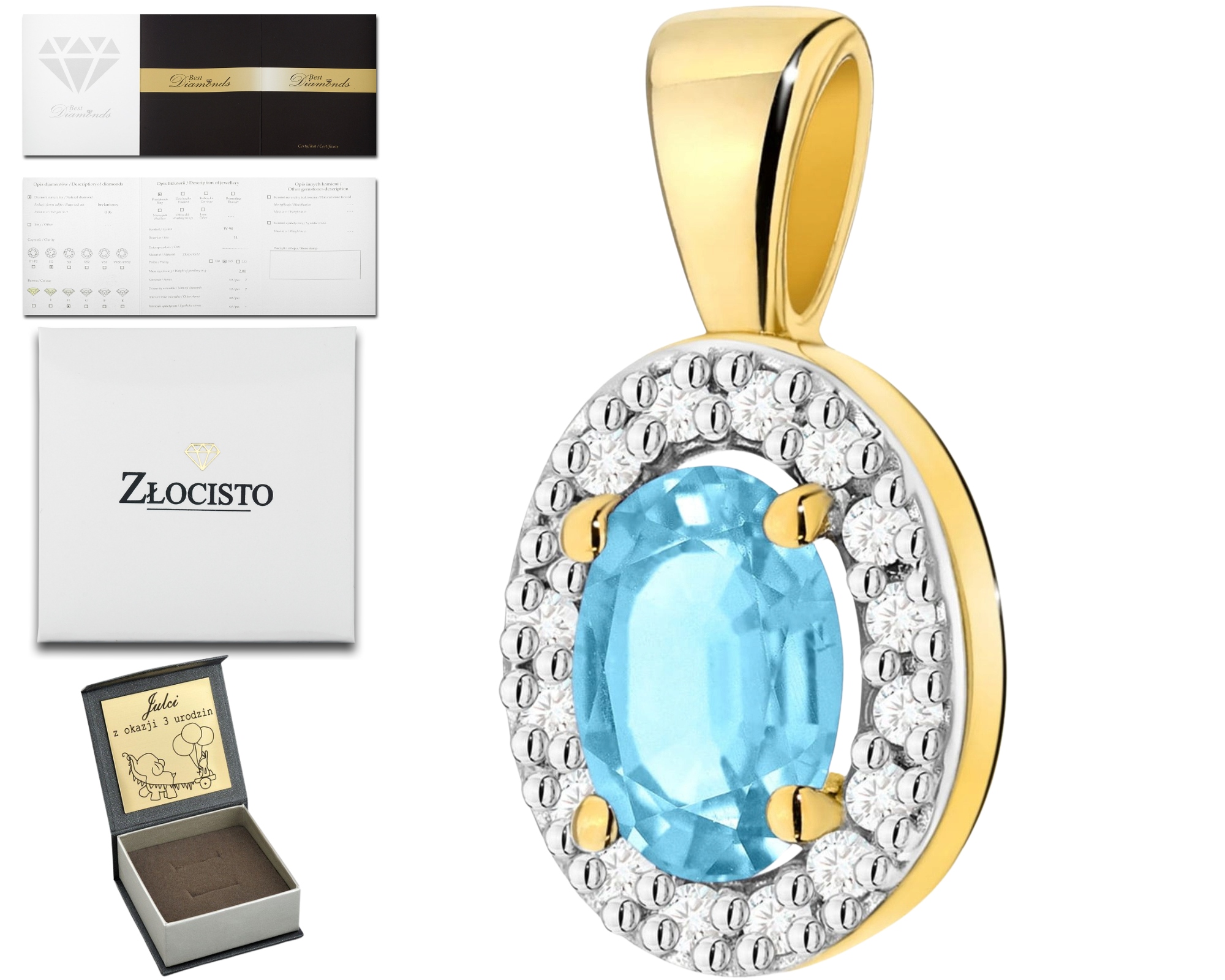 Zlatý Elegantní Přívěsek S Tyrkysovým Topazem A Diamanty 585