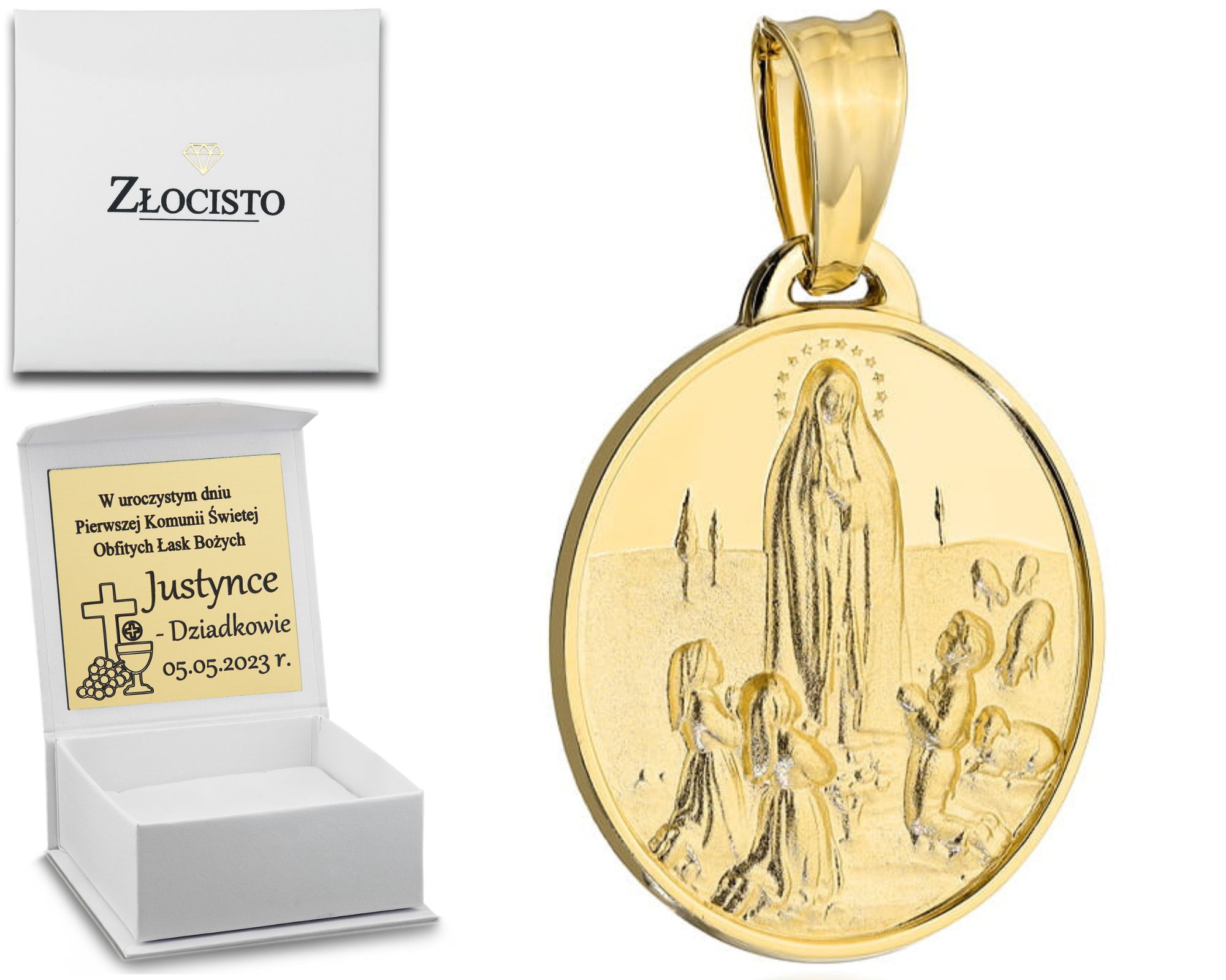 Dárek Na Křtiny Zlaté Přijímání 585 Medaile Matka Boží Fatimská Gravírování