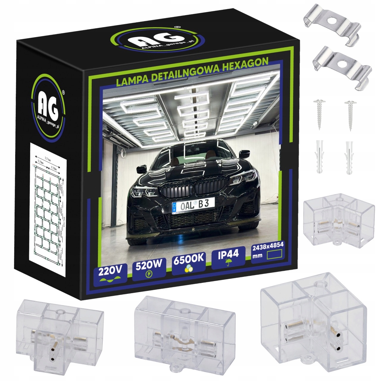 Led detailingová garážová lampa Hexagón pre stropnú garáž 520 W 485 x 243 cm