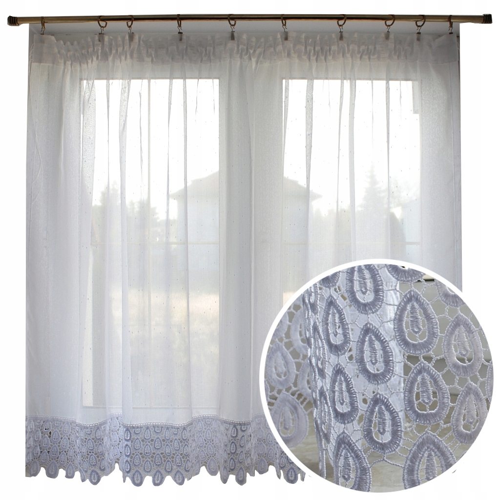 Záclona do kuchyňského pokoje bílá záclona Voál Strupky s guipurou Krople 300x120