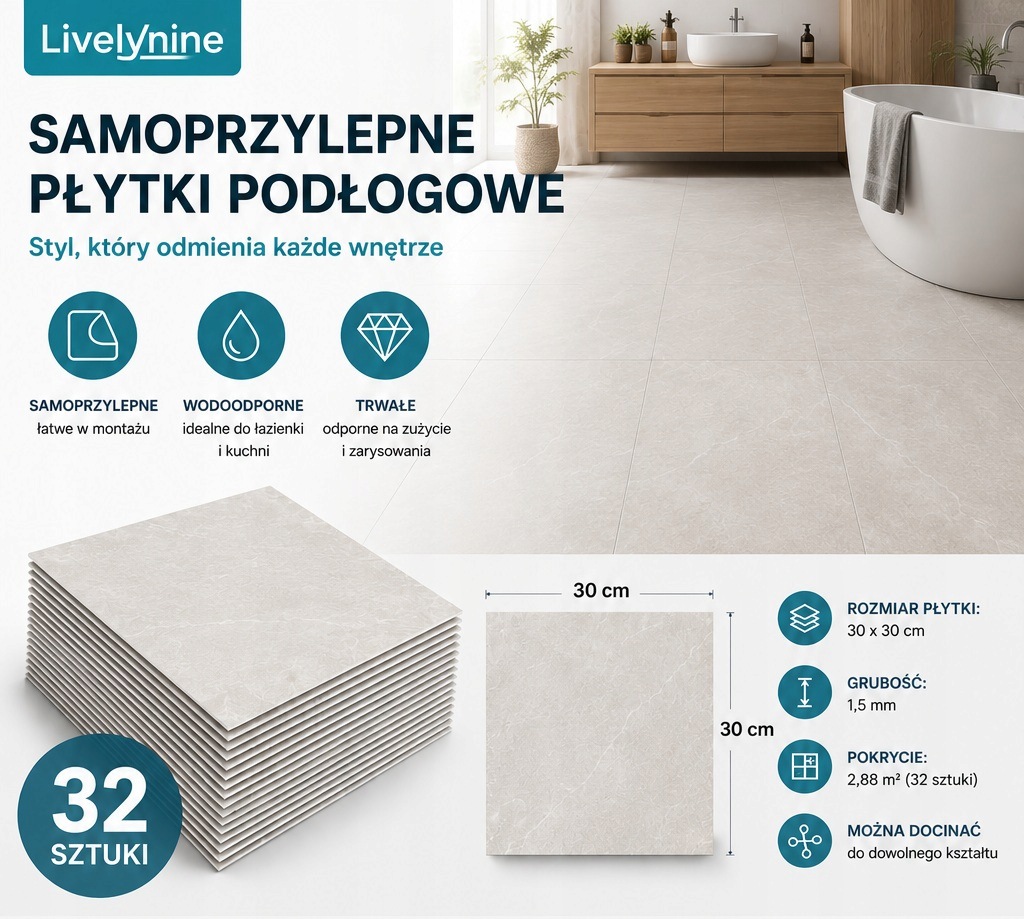 Livelynine – samolepicí vinylové dlaždice 30×30 cm, 32ks/2,88 m²