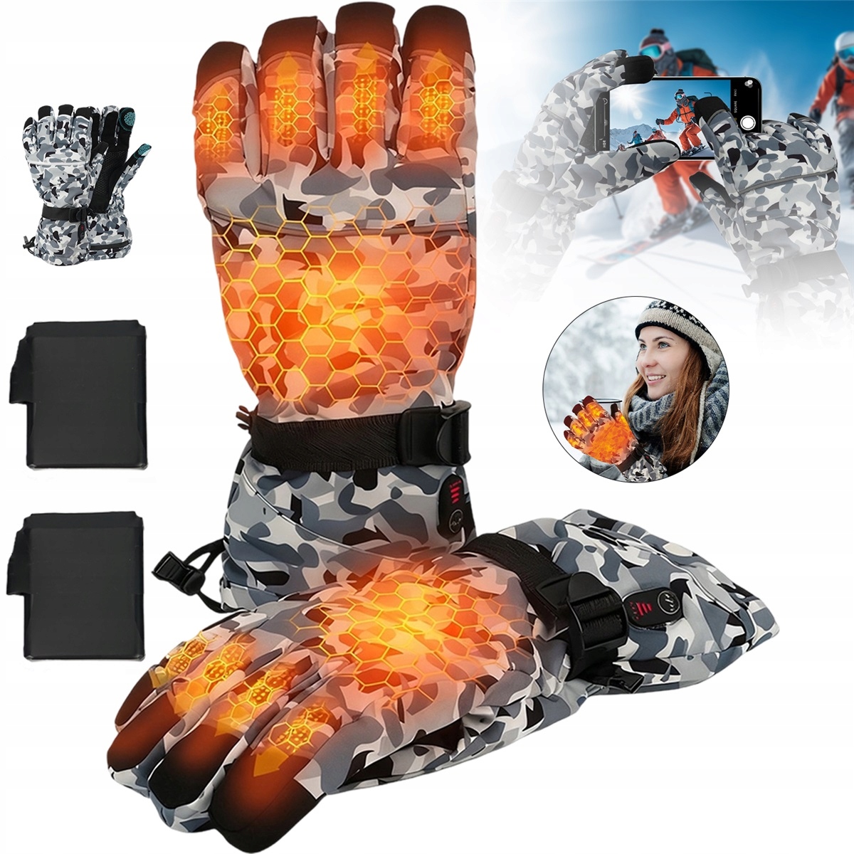 Vyhřívací rukavice s 3 úrovněmi ohřevu, protiskluzové pro lyžování