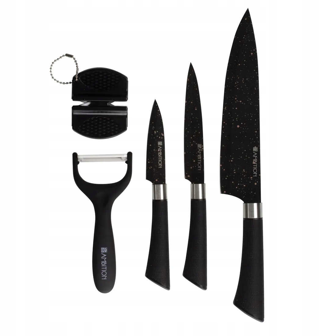 

Komplet 3 Noży Ostrzałka Obieraczka Gold Ambition