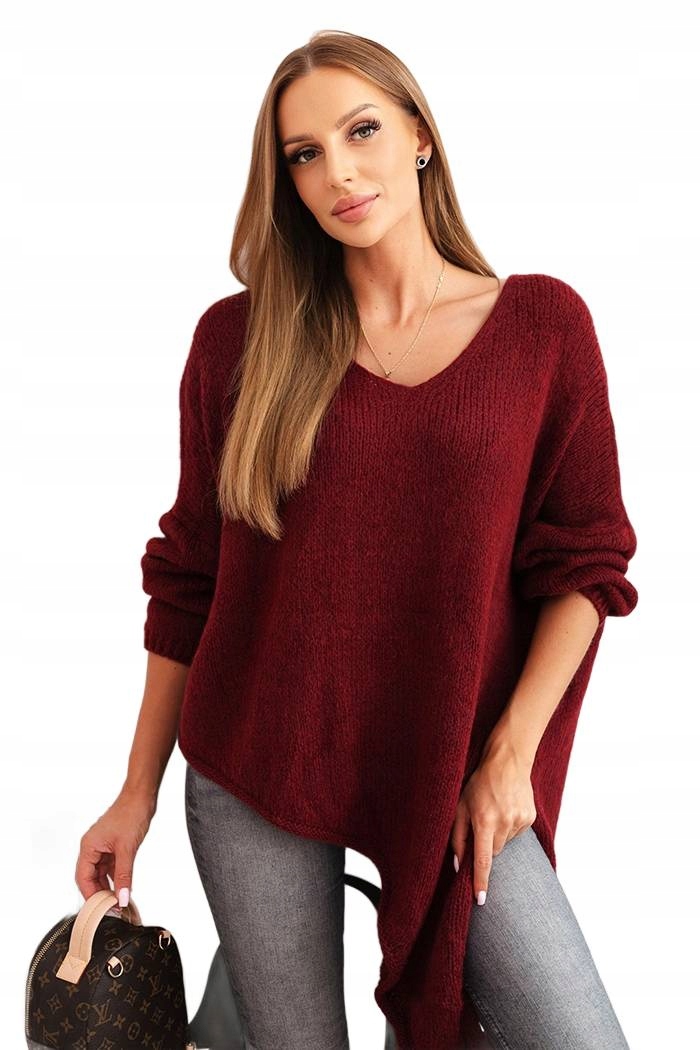 Dámský vlněný asymetrický svetr Plus Size s výstřihem do V, barva vínová