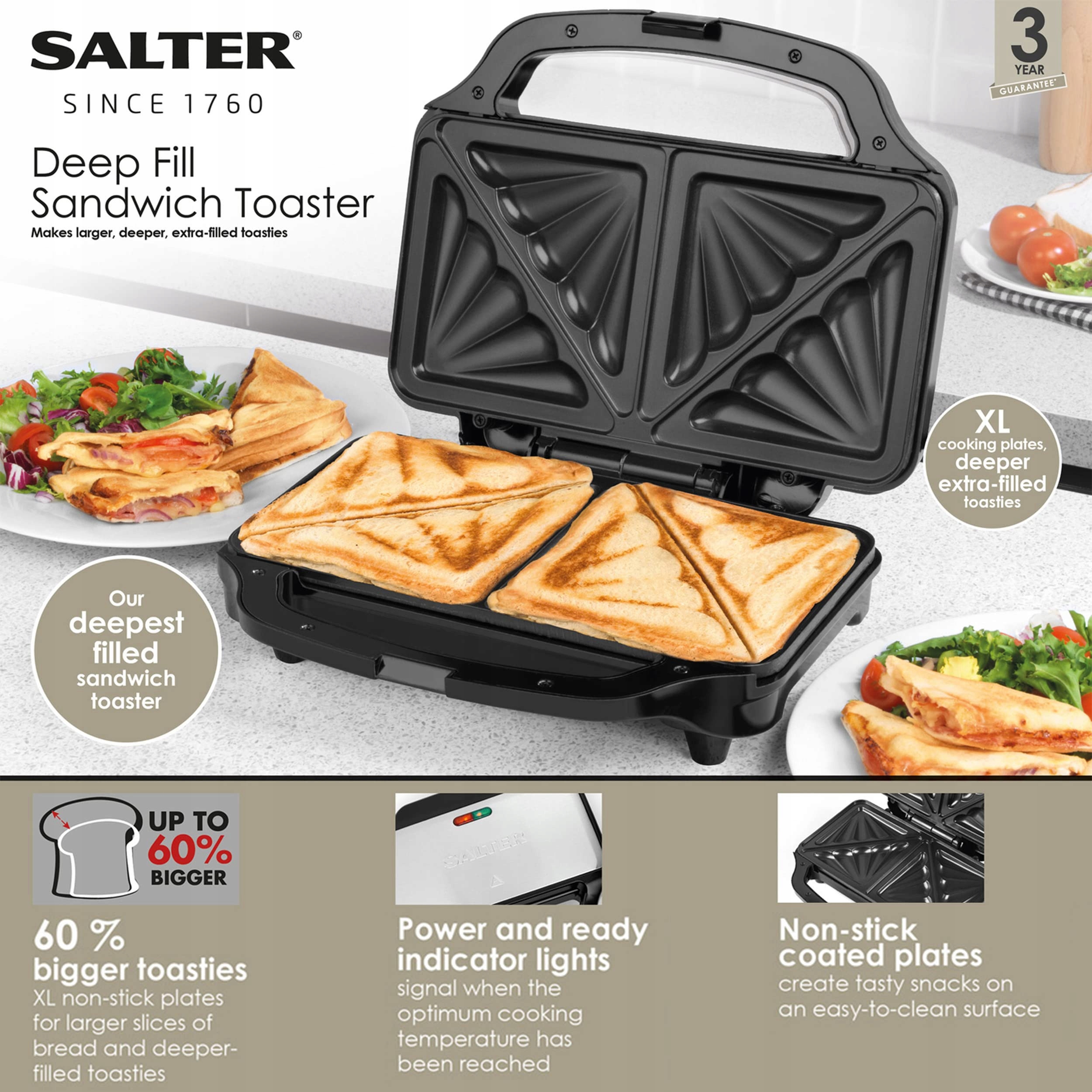 SALTER Opiekacz 900W z Nieprzywierającą Powłoką i Automatyczną Kontrolą — miniatura 3