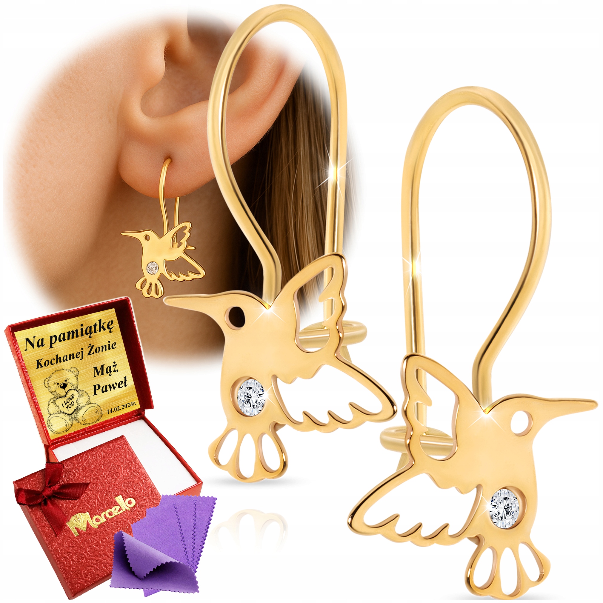 Złote Kolczyki Kolibry Wiszące Ptaszki z Cyrkoniami 333 Grawer