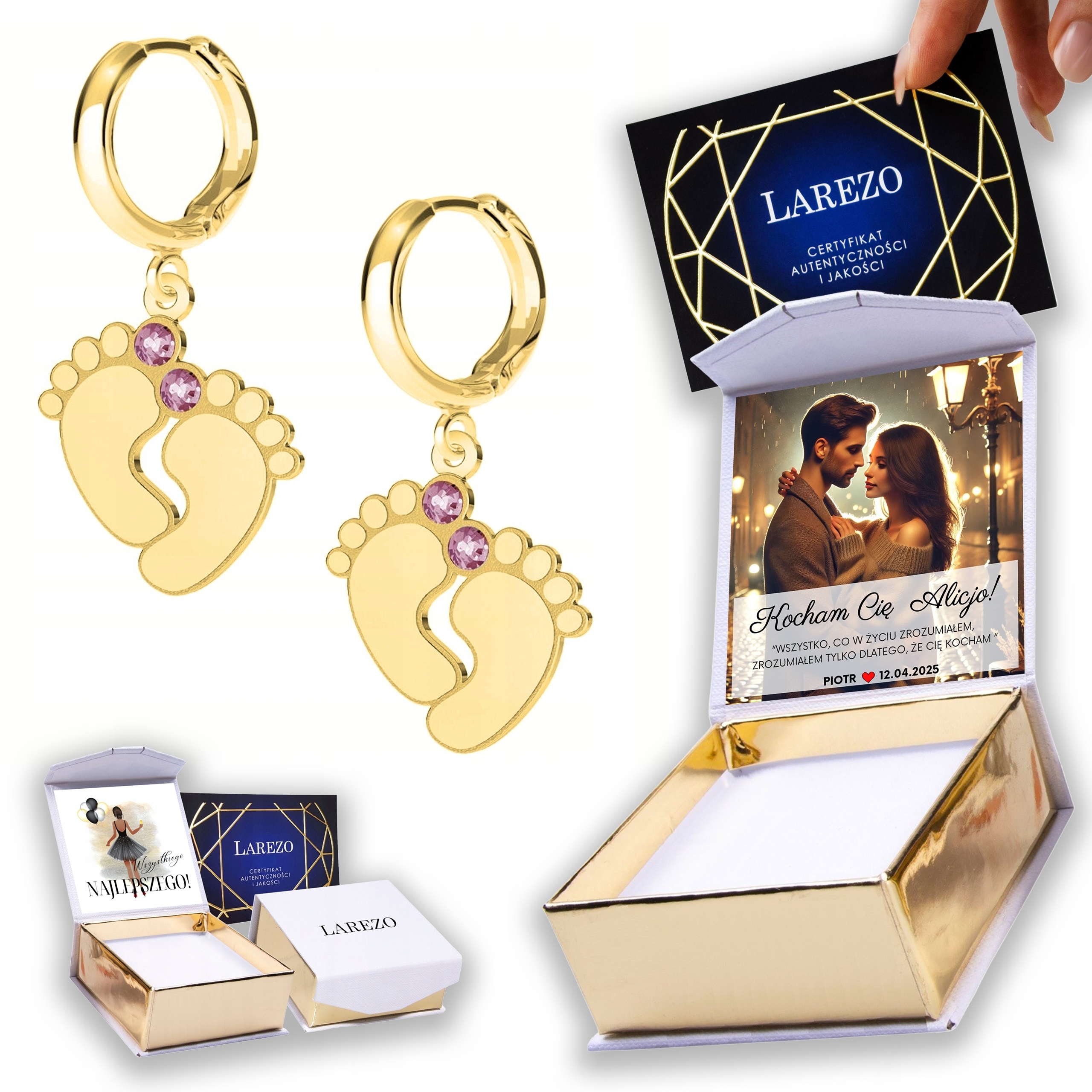 Zlaté Náušnice 925 Nohy Dětské Nohy Červená Zirkon Potisk