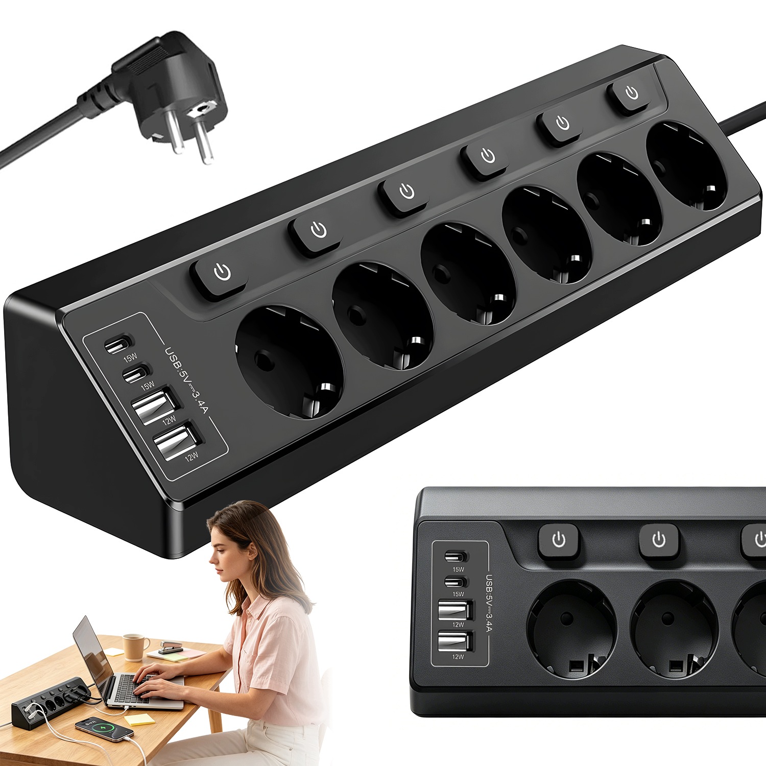 Prodlužovací Kabel Zásuvková Lišta Síťová 2M 6 zásuvek Usb Typ C 15W Nabíječka