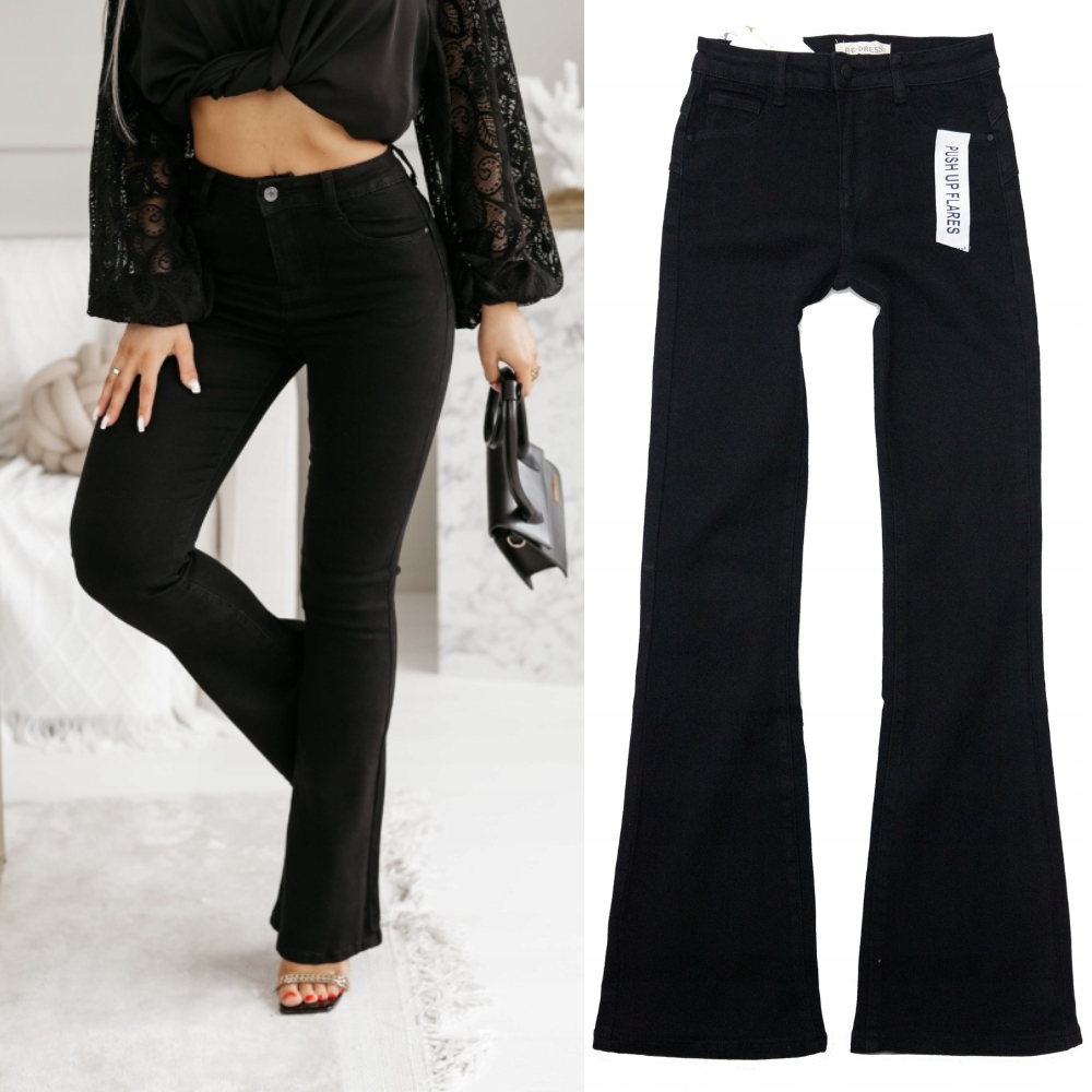 Dzwony Wyszczuplające Damskie Spodnie Jeansowe Czarne 42/XL