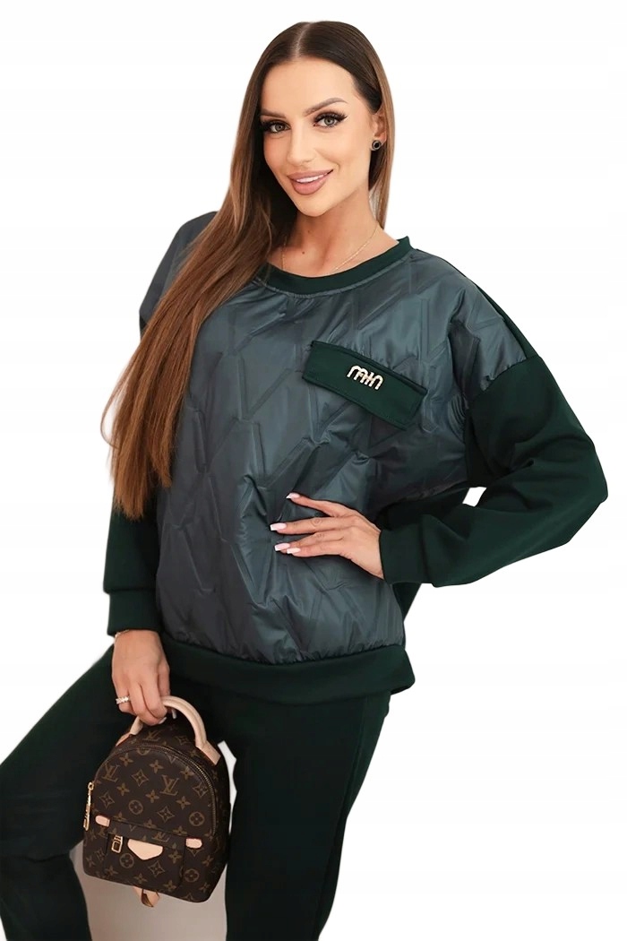 Tmavě zelený dámský viskózový dvoudílný komplet s prošívanou mikinou