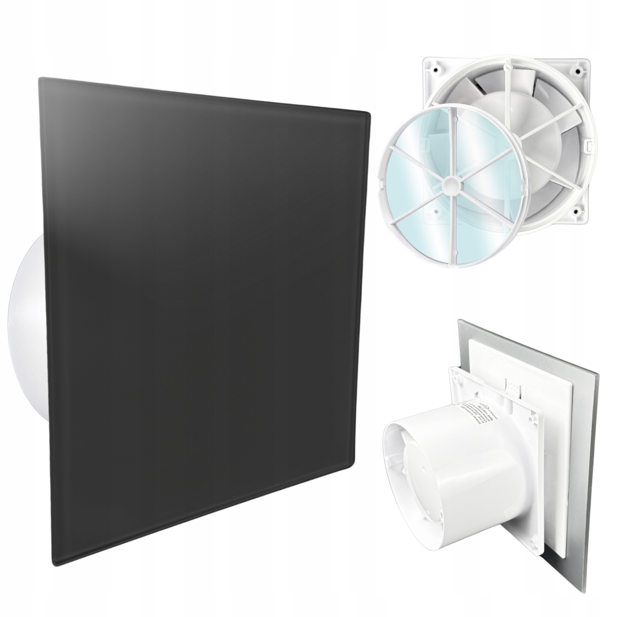Koupelnový ventilátor dRim fi100 Zpětný Ventil Přední Sklo černá matná barva
