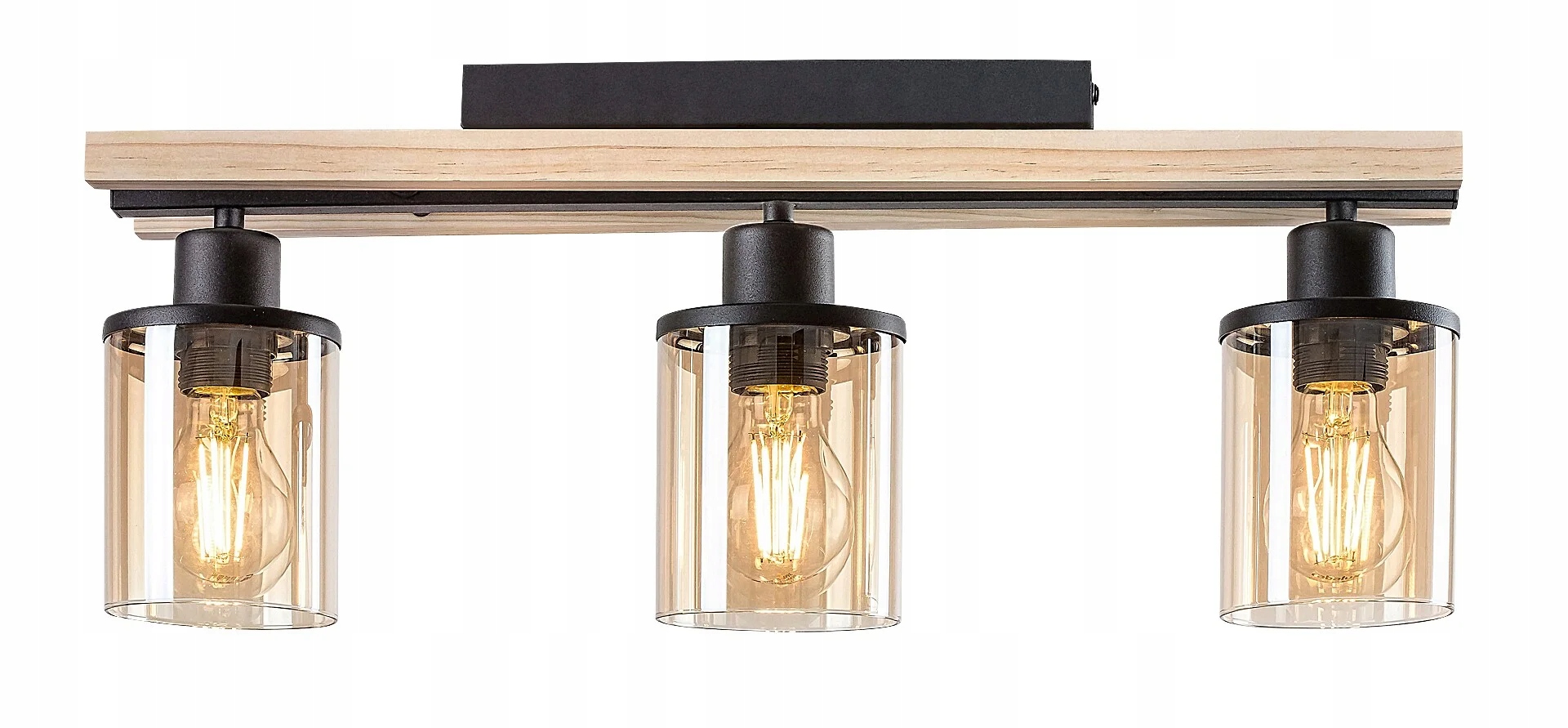 Stropná lampa drevená lišta 55 cm 3 sklenené jantárové tienidlá Rabalux
