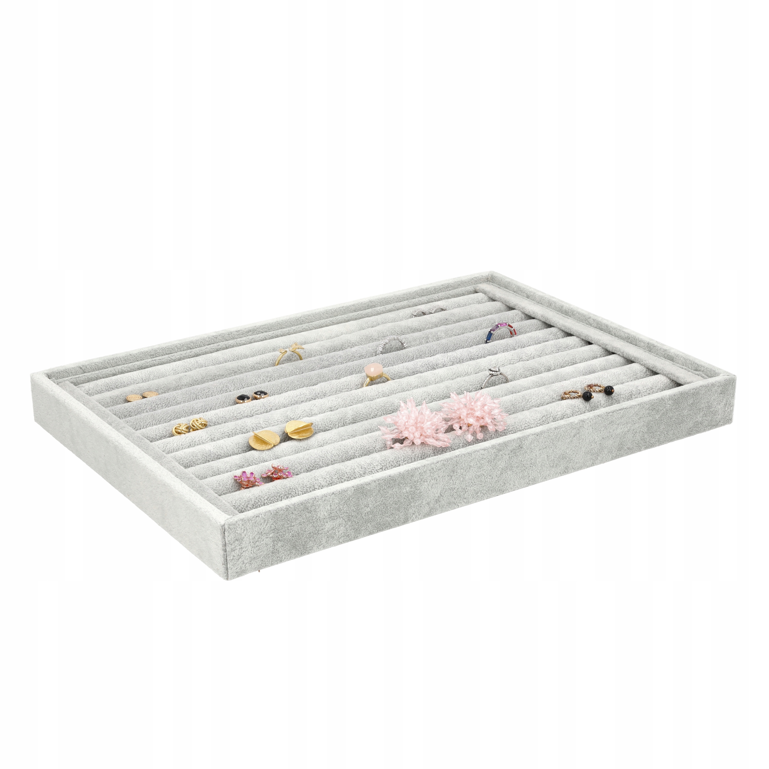 TACA EKSPOZYTOR PUDEŁKO NA PIERŚCIONKI KOLCZYKI BIŻUTERIĘ ELEGANCKA ETUI Y3 Kolor dominujący szary