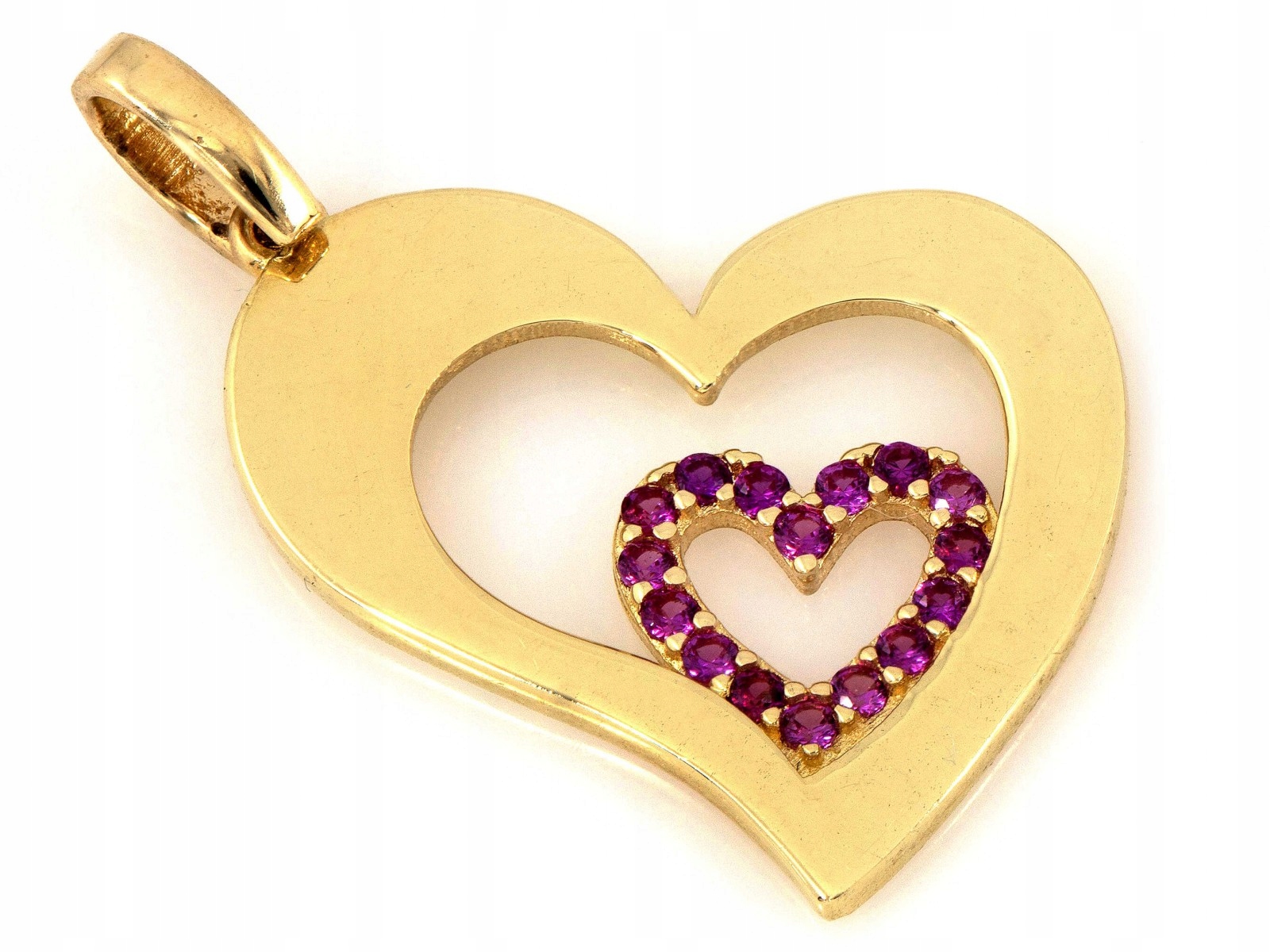 Zlatý přívěsek ze dvou srdcí 585 s červenými zirkony, dvojité srdce 14k