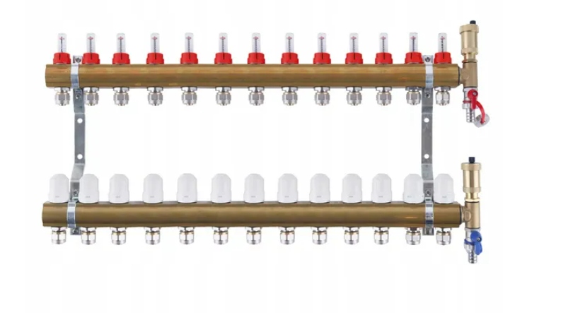 Rozdělovač 13 sekcí obvodů pro podlahovou krytinu s rotametry euroconus