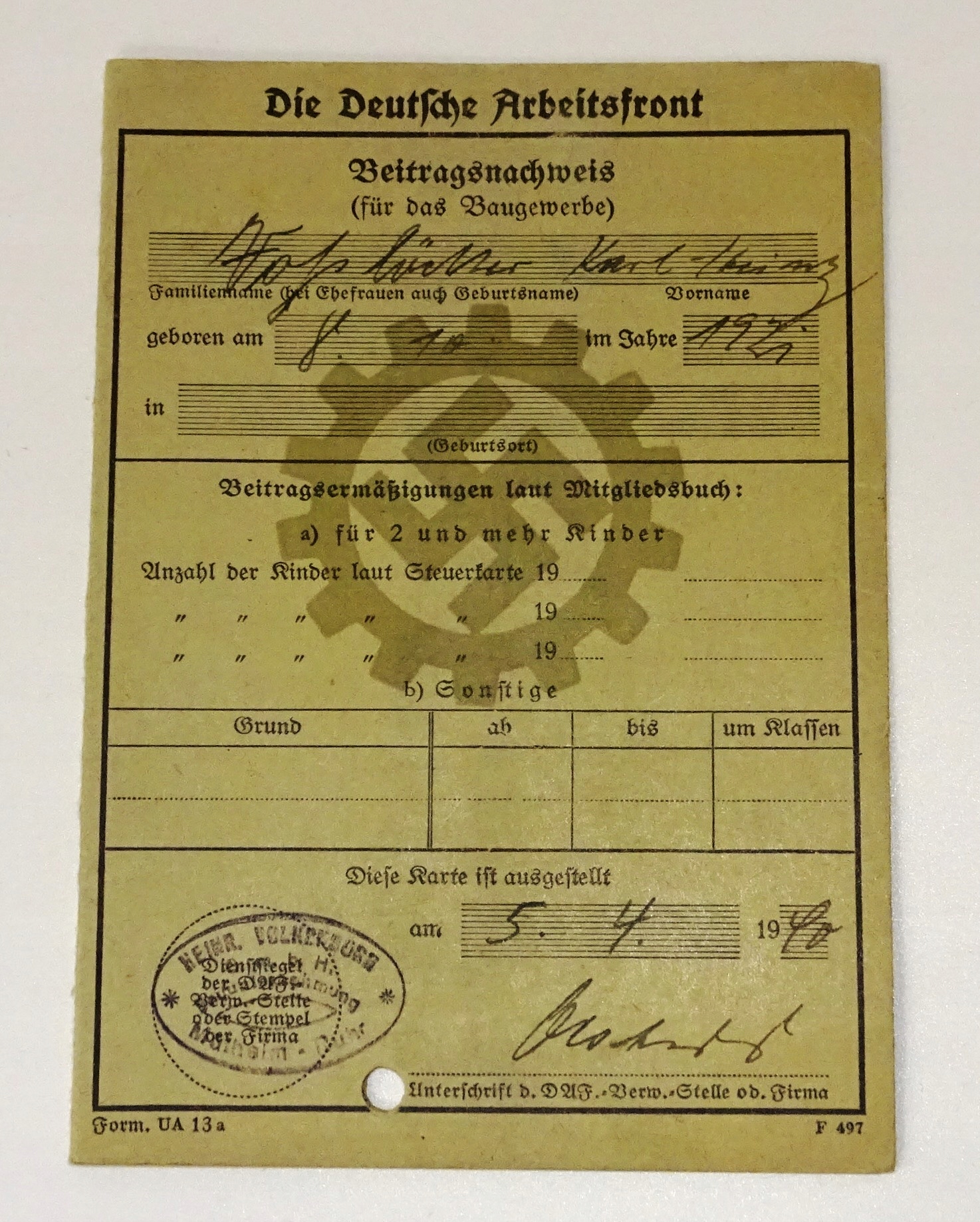 Dokument Arbeitsfront III Rzesza - oryginał