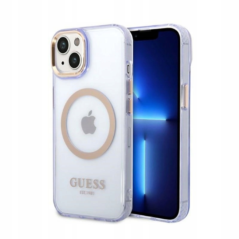 Guess Gold Outline Translucent MagSafe Puzdro na iPhone 14 (fialové)