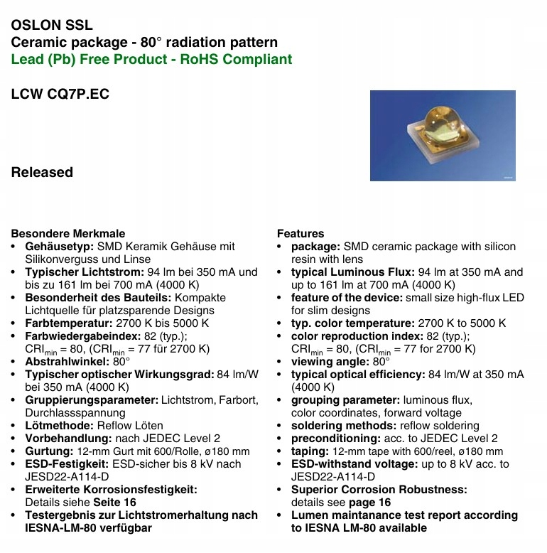 LCWCQDP.EC KT-6L OSLON OSRAM LED 104lm biała 4000K 3x3mm ___ [1szt] Producent Osram