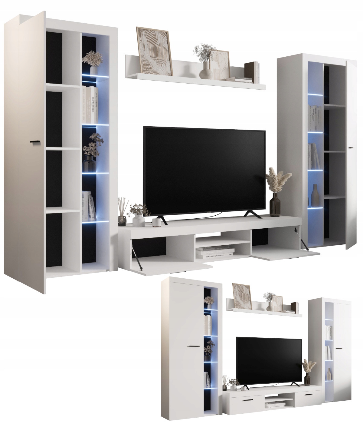 Nábytková Stěna Bílá LMRX1 Sada nábytku Obývací pokoj Rtv skříňka 2 regály O-sofa