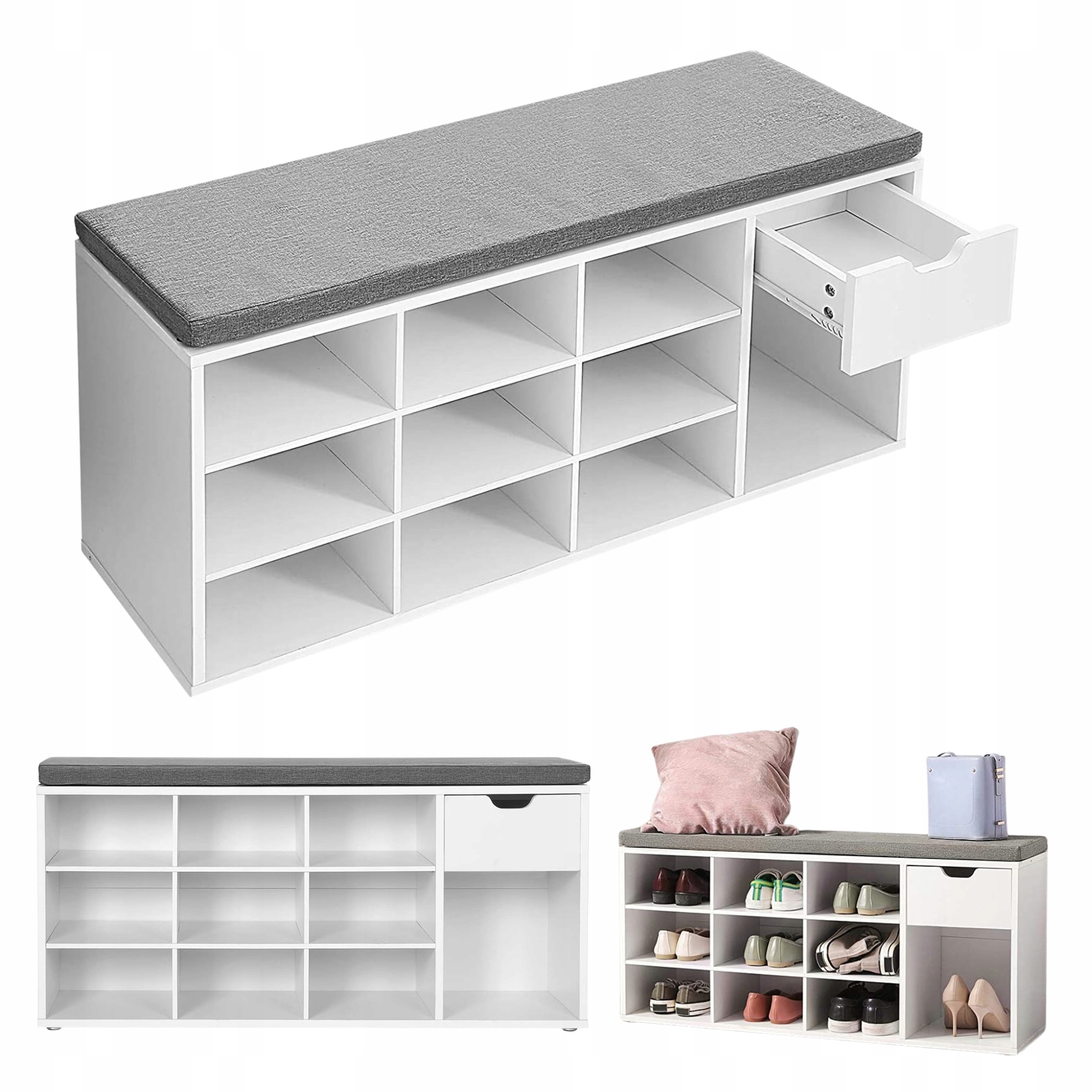 Skrinka na topánky s pohodlným sedadlom, poličky na topánky 104x30x48 cm, biela