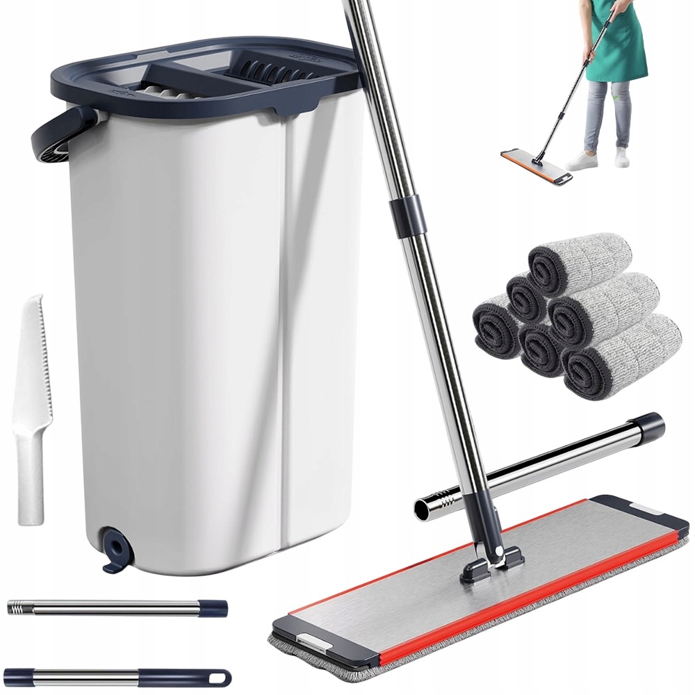 Levně Plochý Rotační Mop Ruční, Dvoukomorový Kbelík S 6 Utěrkami Z Mikrovlákna