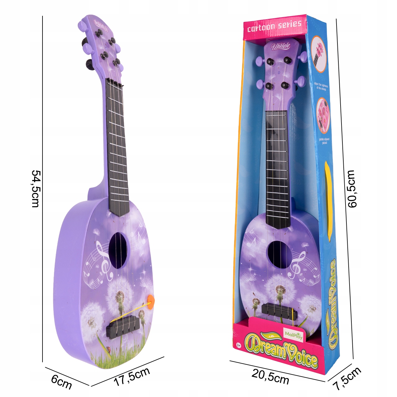 GITARA UKULELE DLA DZIECI INSTRUMENT DO GRY NAUKI 4 STRUNY FIOLETOWA Stan opakowania oryginalne