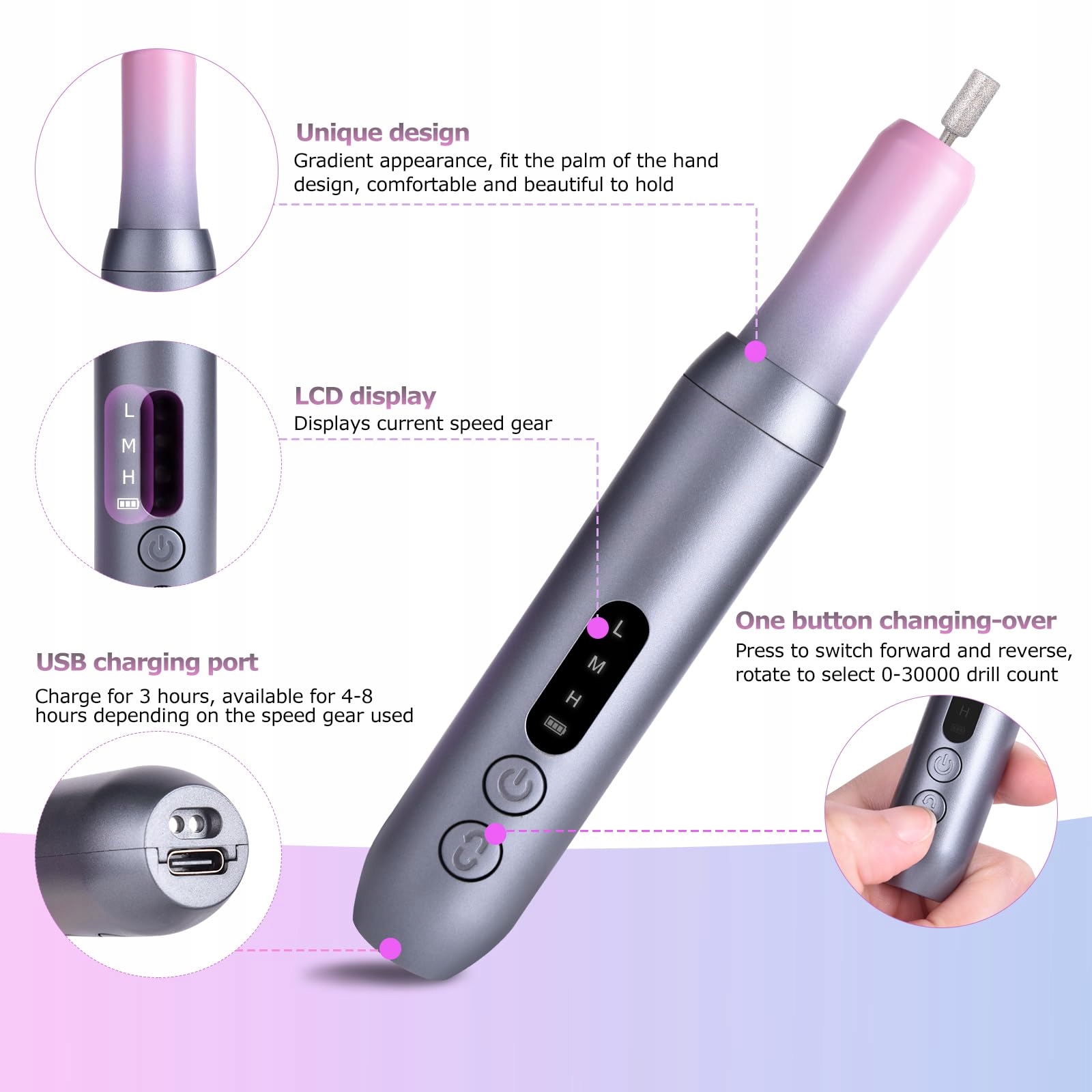 EVILTO Zestaw Do Manicure Pedicure Bezprzewodowy Pilnik Elektryczny USB — miniatura 3