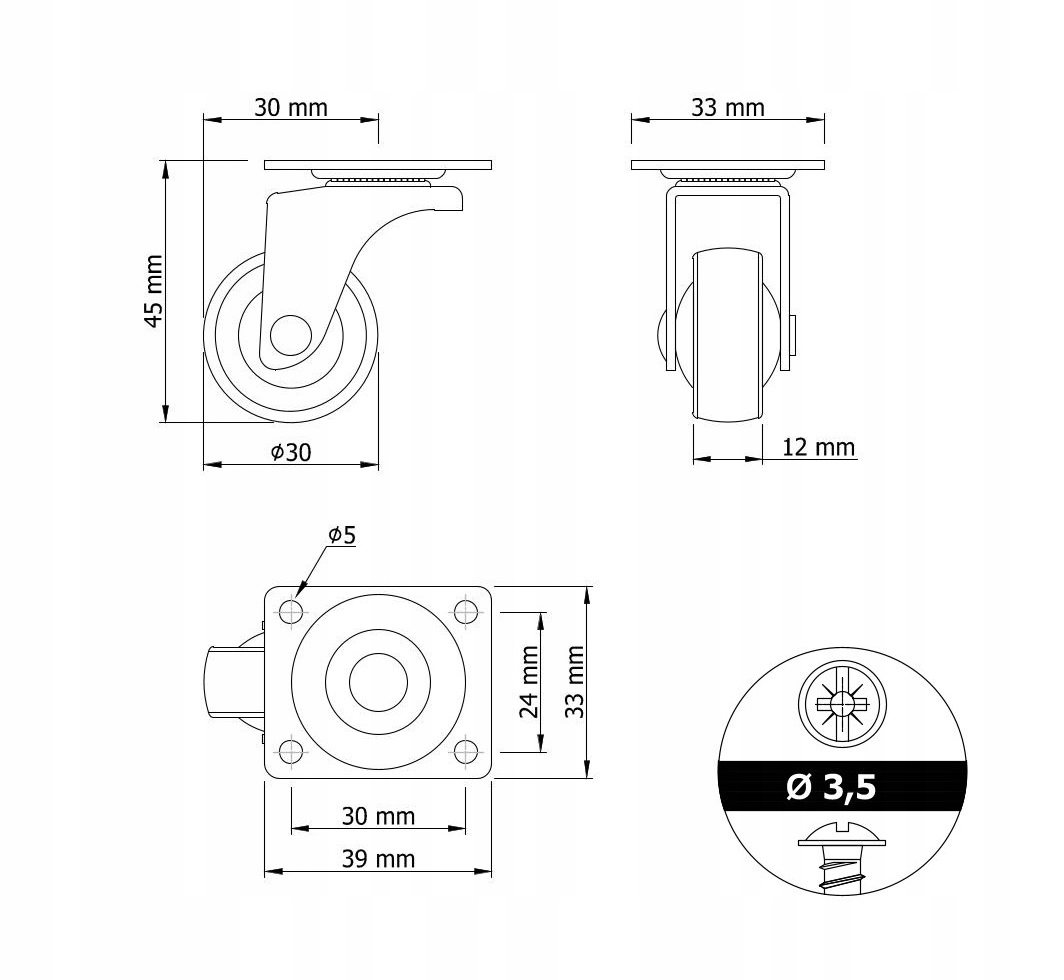 Kółko meblowe obrotowe, czarne, hamulec - zestaw Rodzaj stałe