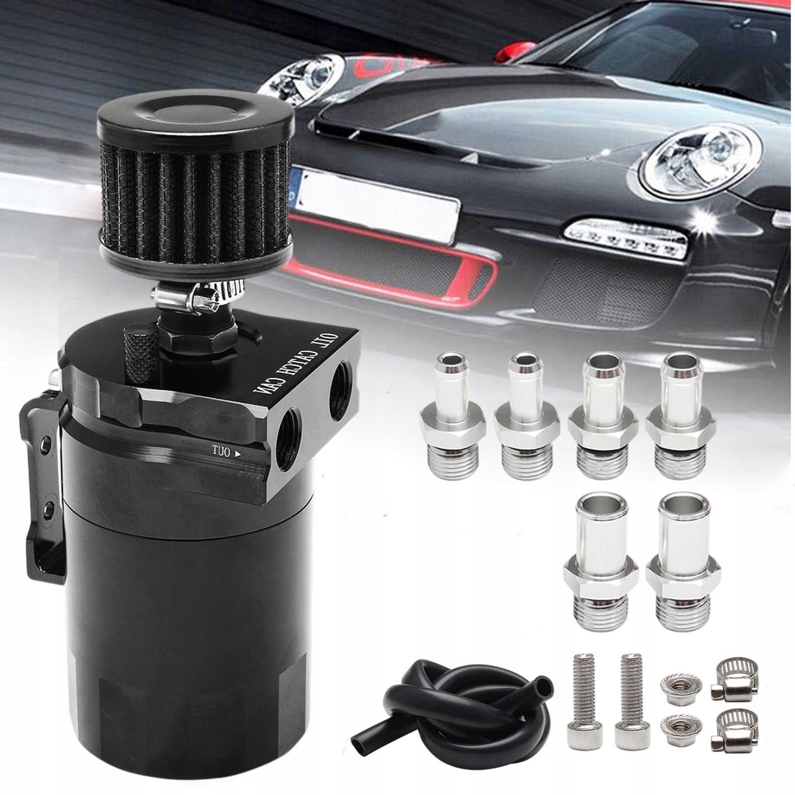 Oil Catch Tank Black Odlučovač oleje sada s filtrem Hrdlo 10 A 15mm 3Ccc