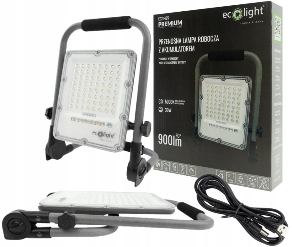 NAŚWIETLACZ ROBOCZY LED Z AKUMULATOREM 30W 5000K 900lm 6Ah IP65 4 TRYBY