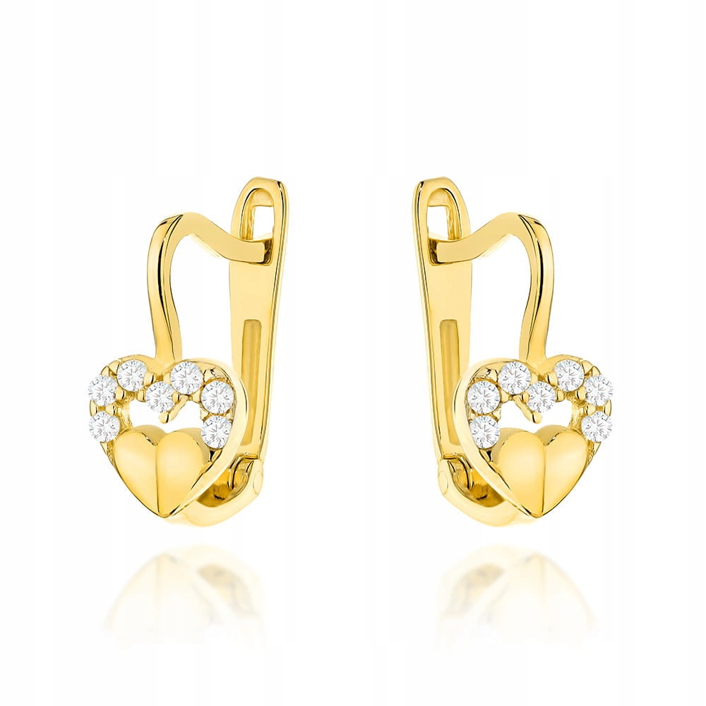 Zlaté náušnice 585 dětské se srdíčky, bílé zirkony 1.17 g, srdce 14kt
