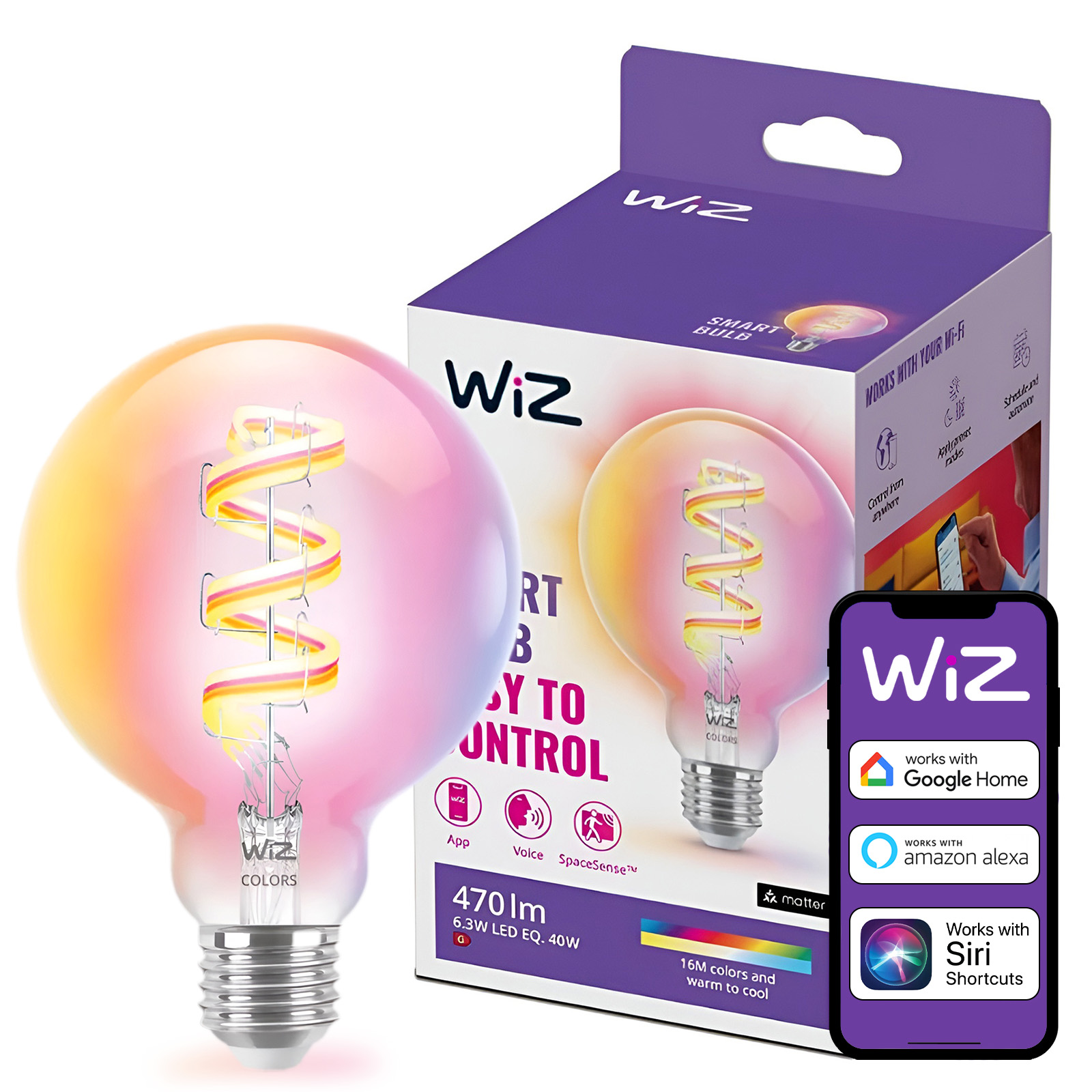 Led žárovka E27 G95 6,3W 40W Cct Tw Rgb Filament Smart WiFi Aplikace WiZ