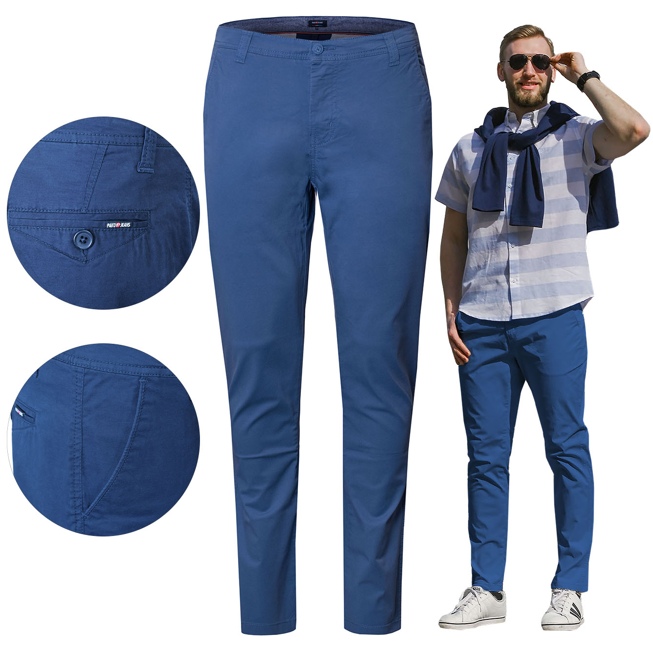 Pánské kalhoty Chinosy Bavlněné Modré Slim Fit W32/L32 Pako Jeans