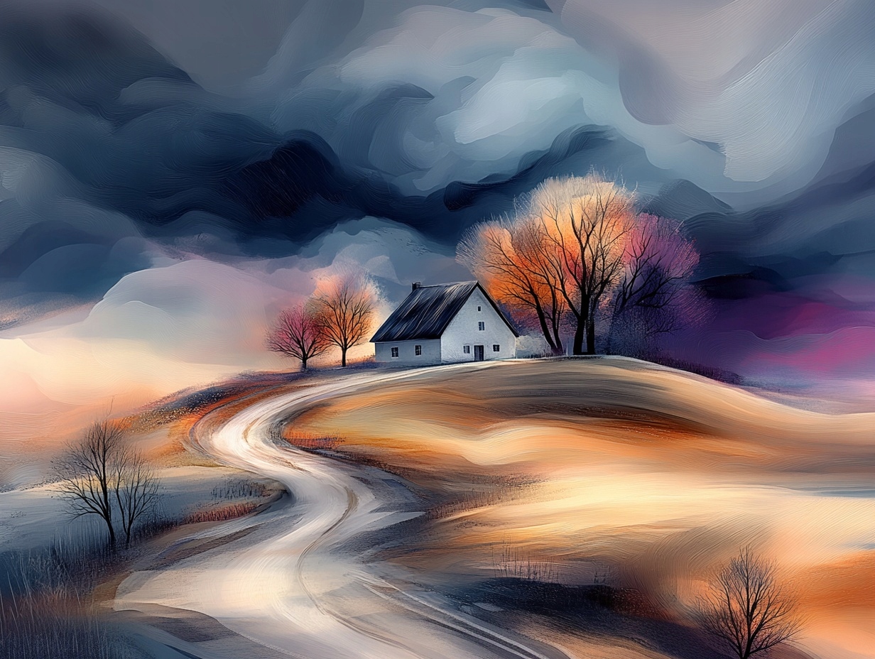 Obraz Na Plátně Canvas Krajina Pagórek Vesnice Dům Strom Mraky Bouře 80x60