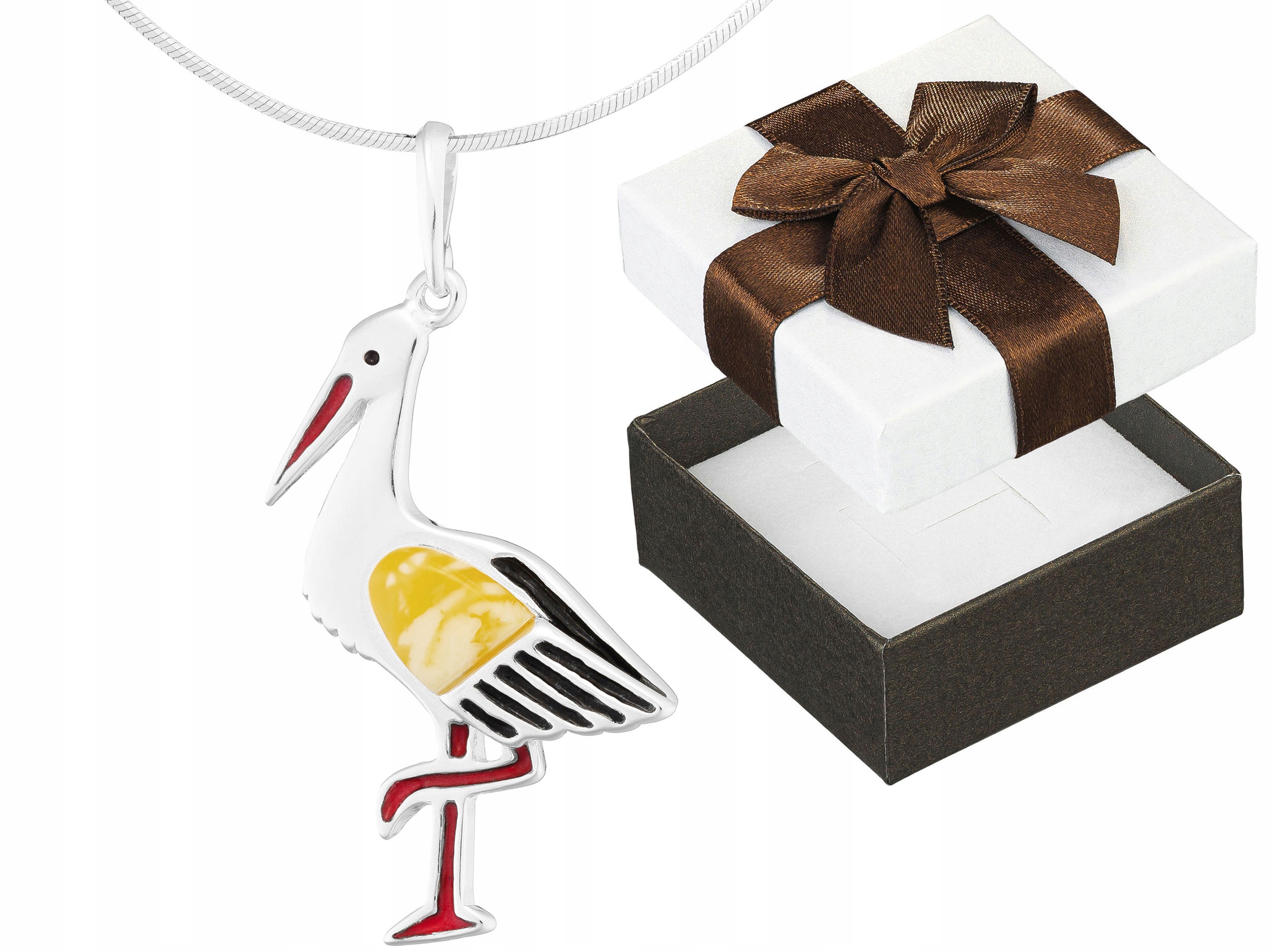 Krátký Stříbrný Dámský Náhrdelník Čáp s Jantarem a Smaltem Pták Choker 30 cm