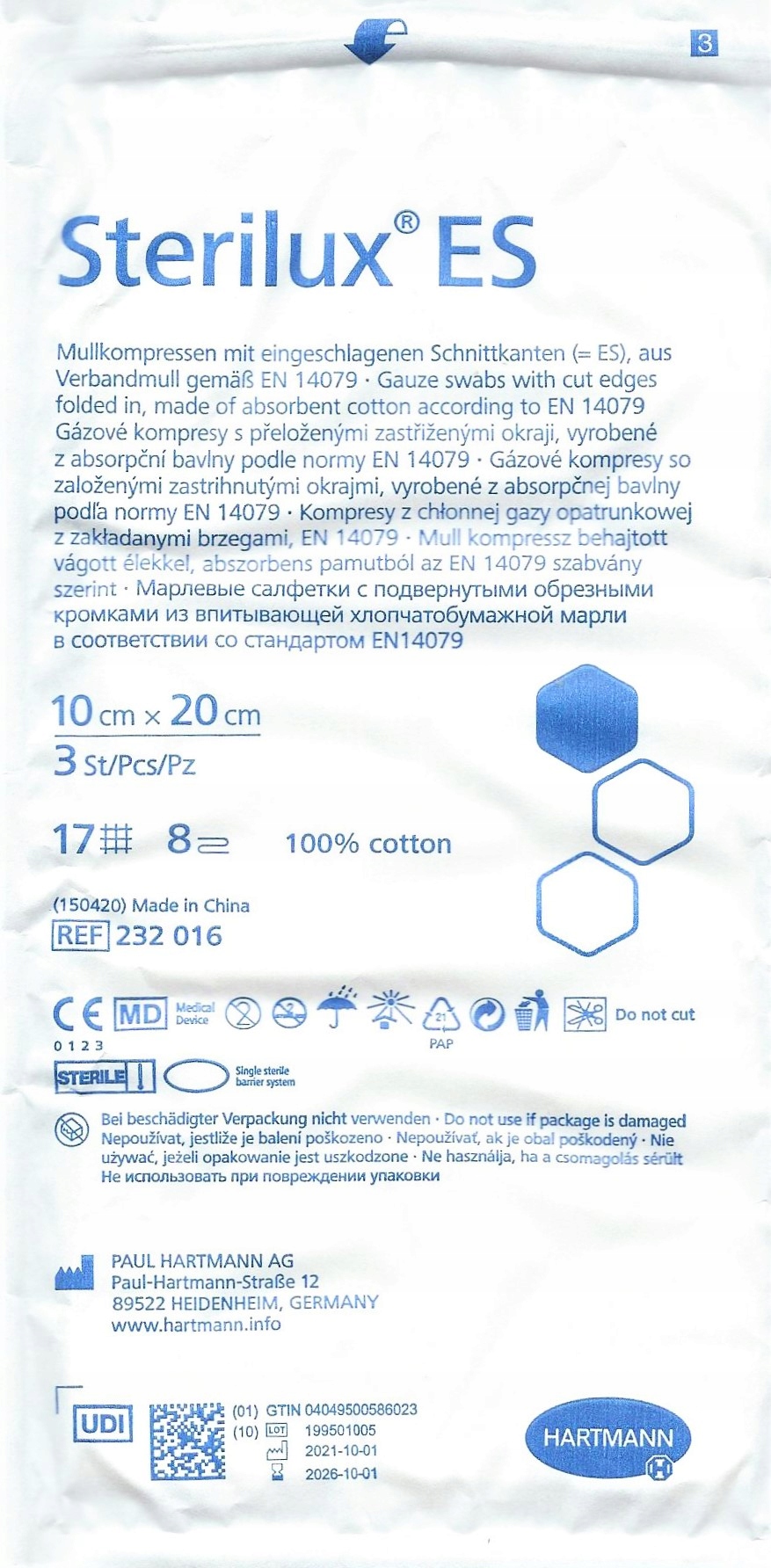 

Hartmann Sterilux Es 10 x 20cm 3szt. jałowe 17n 8w