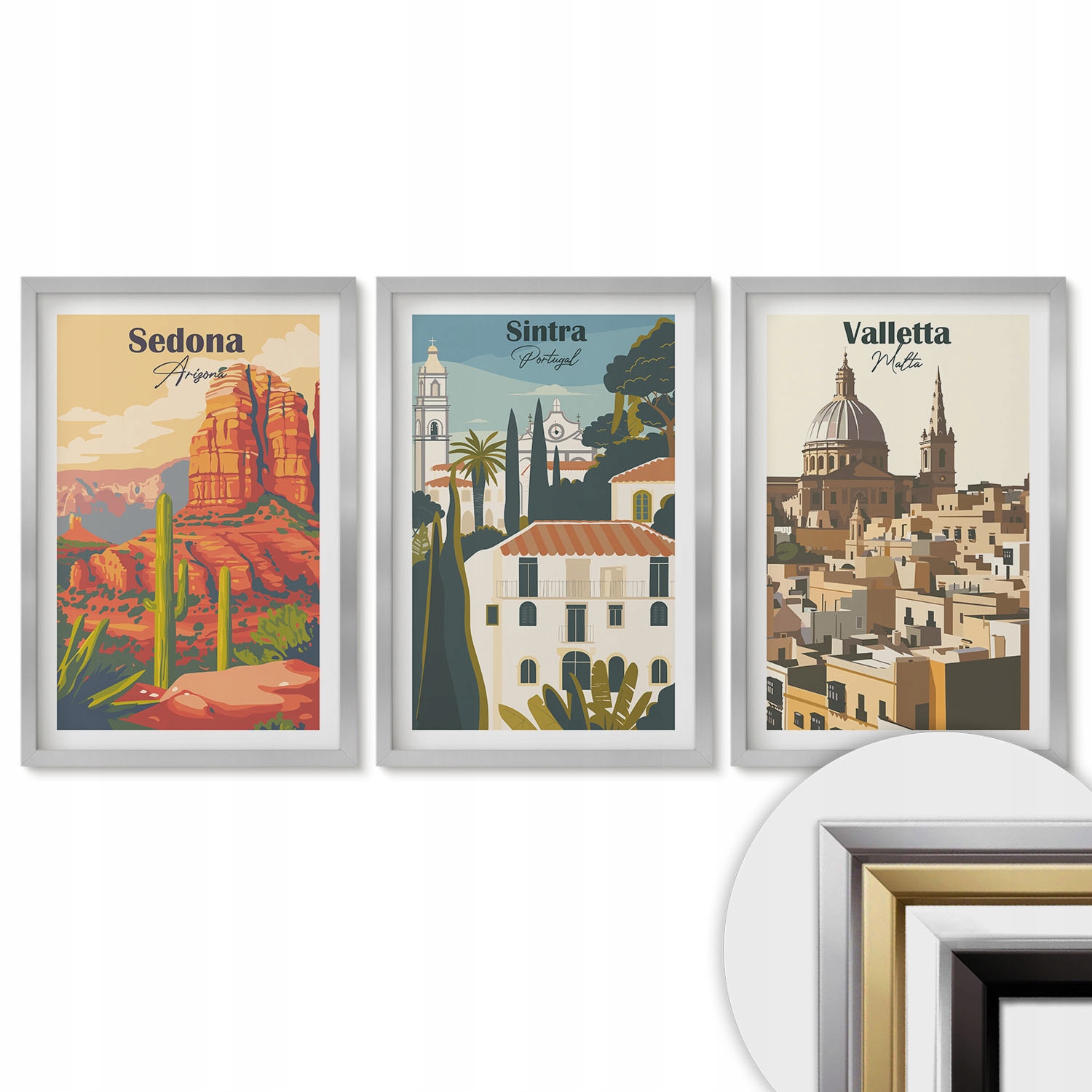 Koláž Sada 3 nástěnných obrazů 40x60 Pohledy Sedona Sintra Valletta retro