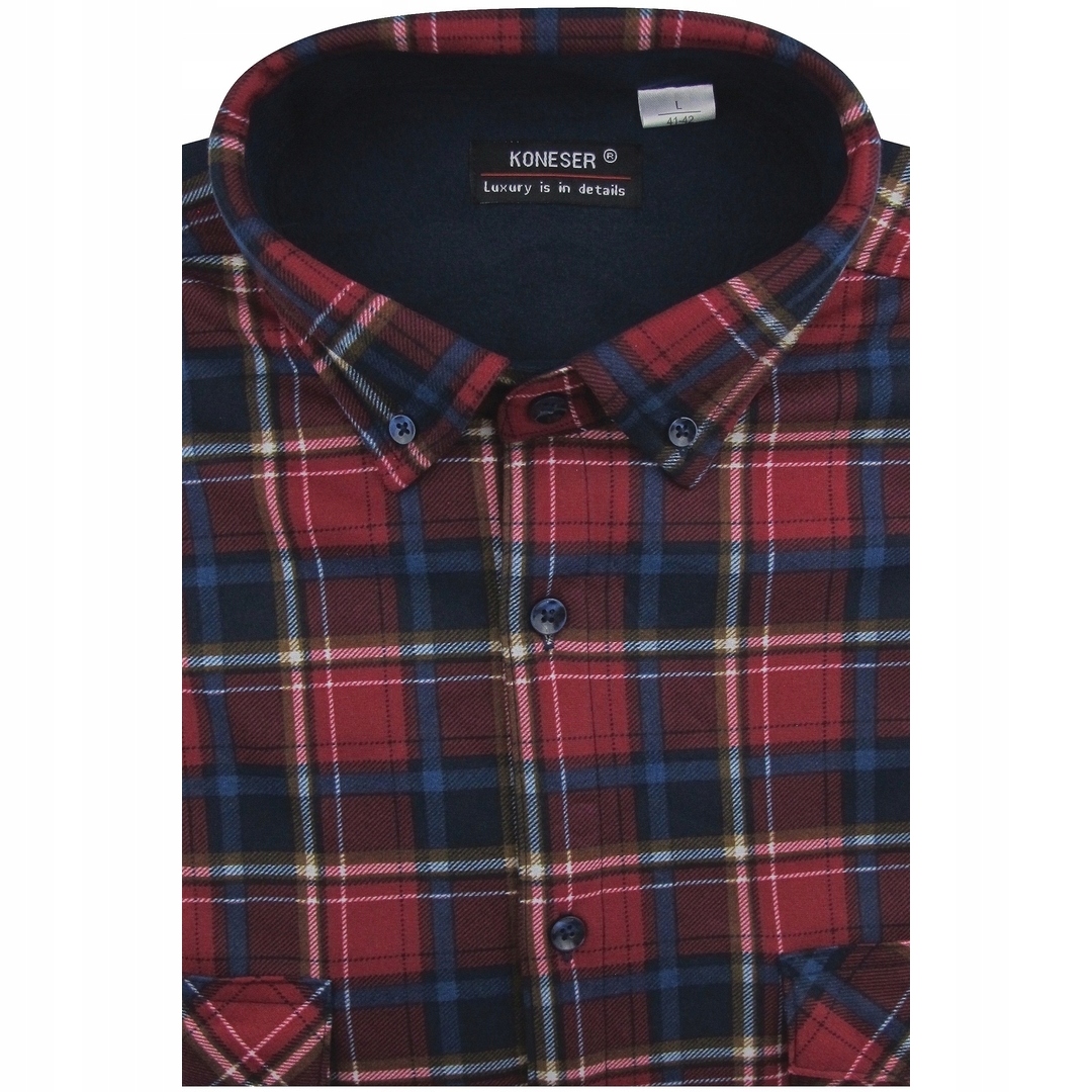 Polarowa Gruba Koszula Męska Codzienna Casual bordowa w kratę J876