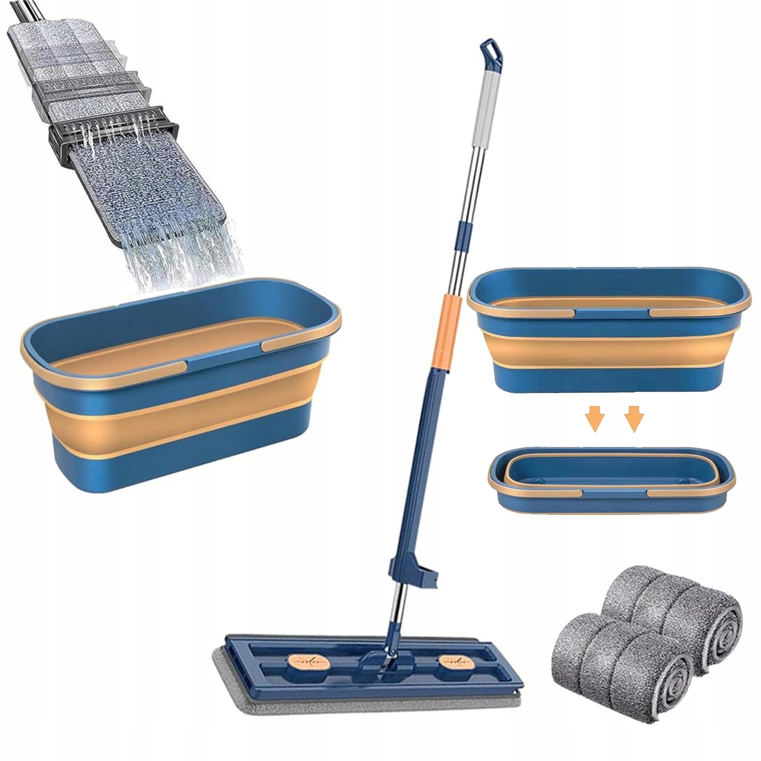 Plochý Mop Z Mikrovlákna Se Skládací Stěrkou A Rozkládacím Kbelíkem Na Podlahy